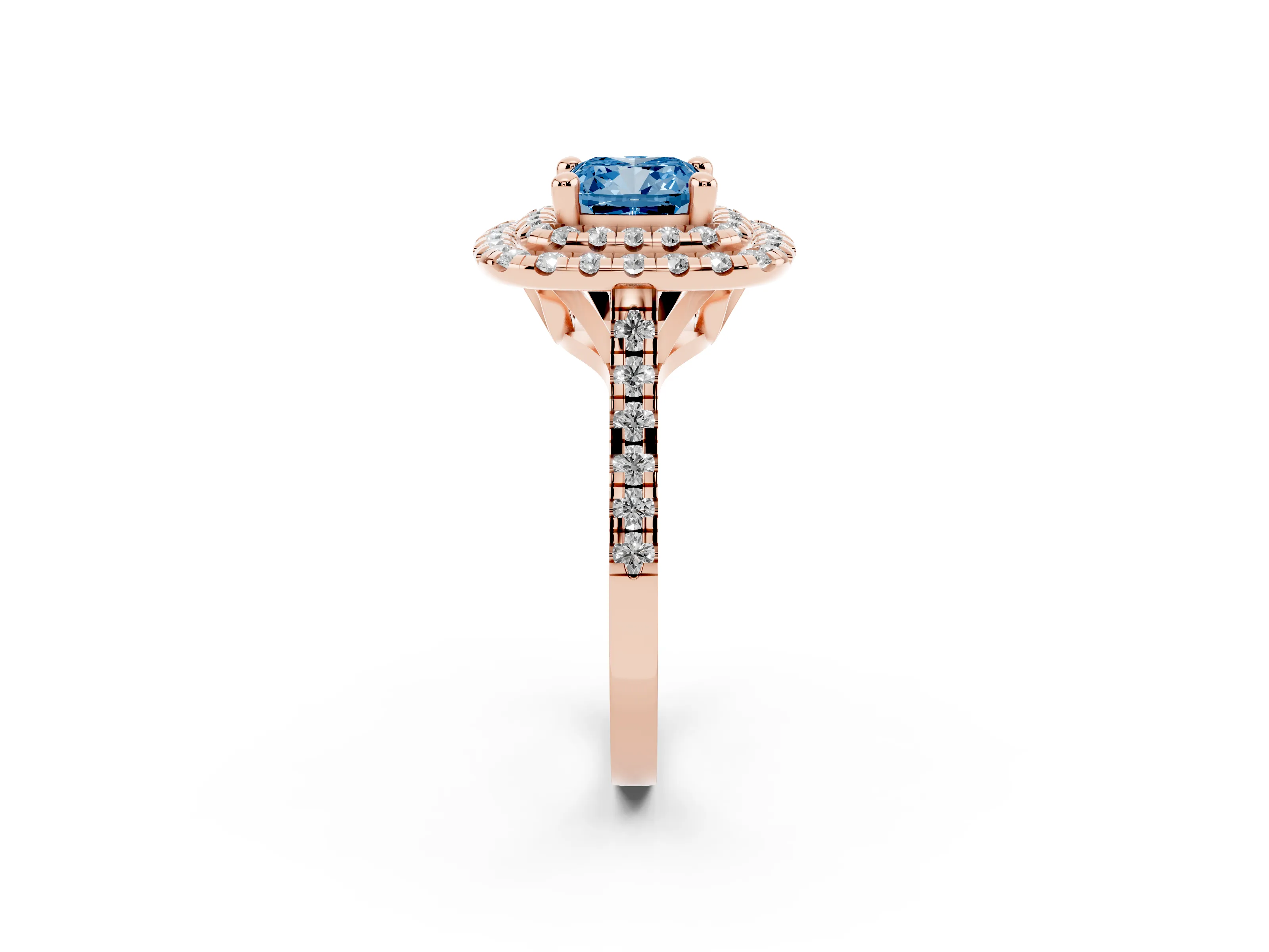 Fancy Blue Cushion Cut Diamond Double Halo Statement Ring Set in Rose gold with Pavé Band