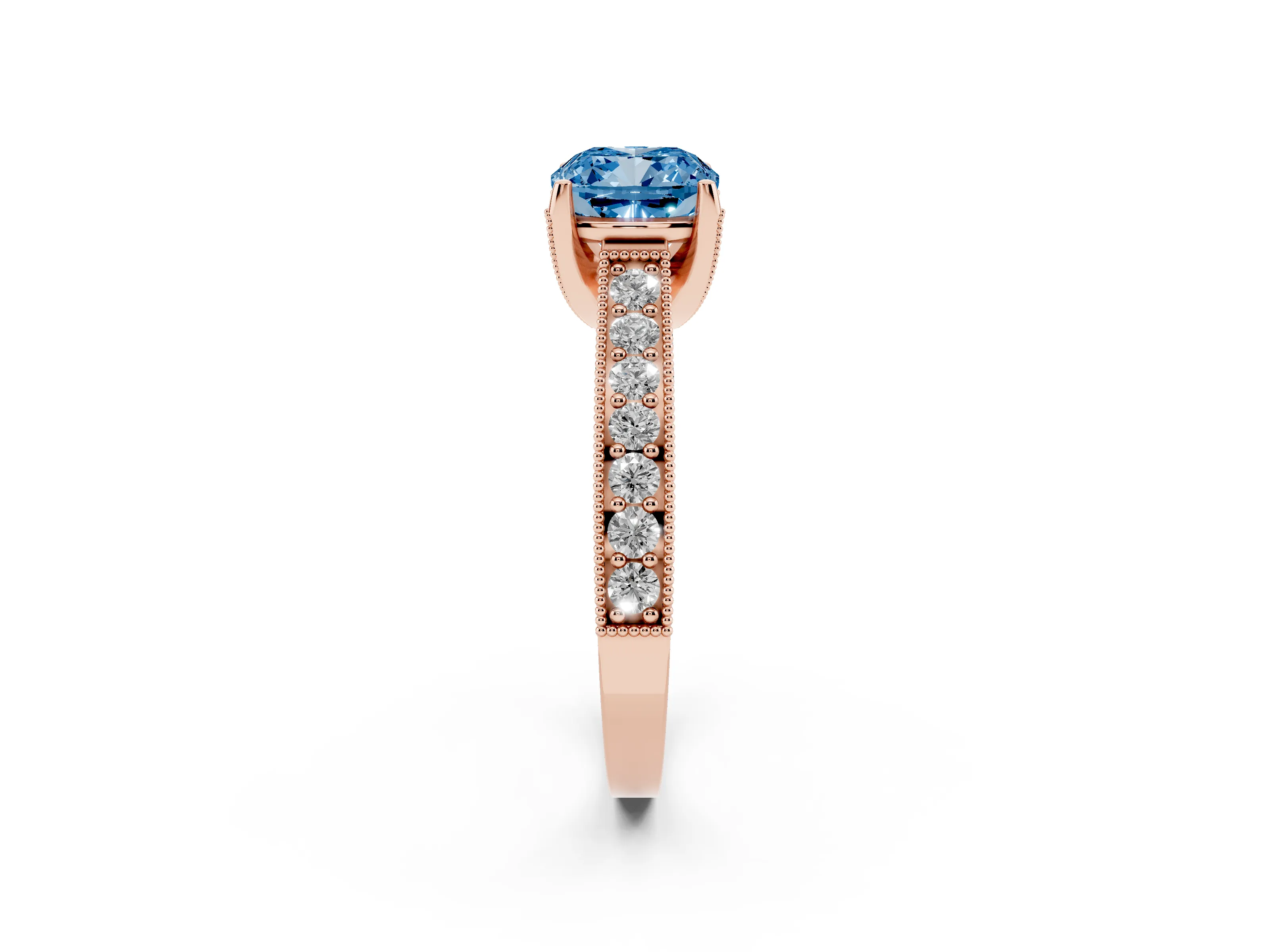 Fancy Blue Cushion Cut Diamond Solitaire Ring Set in Rose gold with Milgrain-Edged Pavé Band and Prong Setting