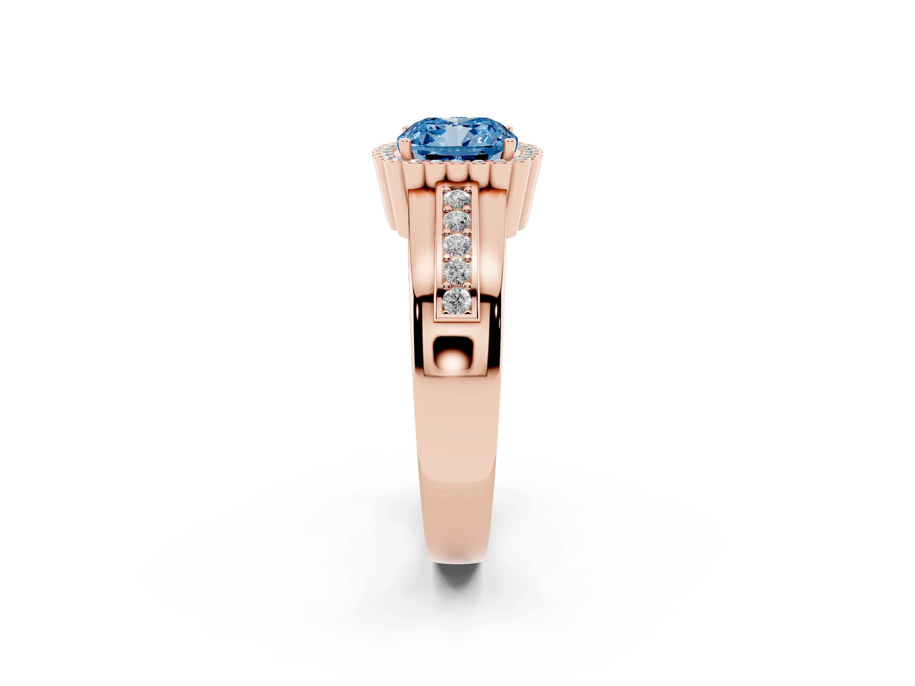 Fancy Blue Cushion Cut Diamond Halo Prong Ring Set in Rose gold with Pavé Band
