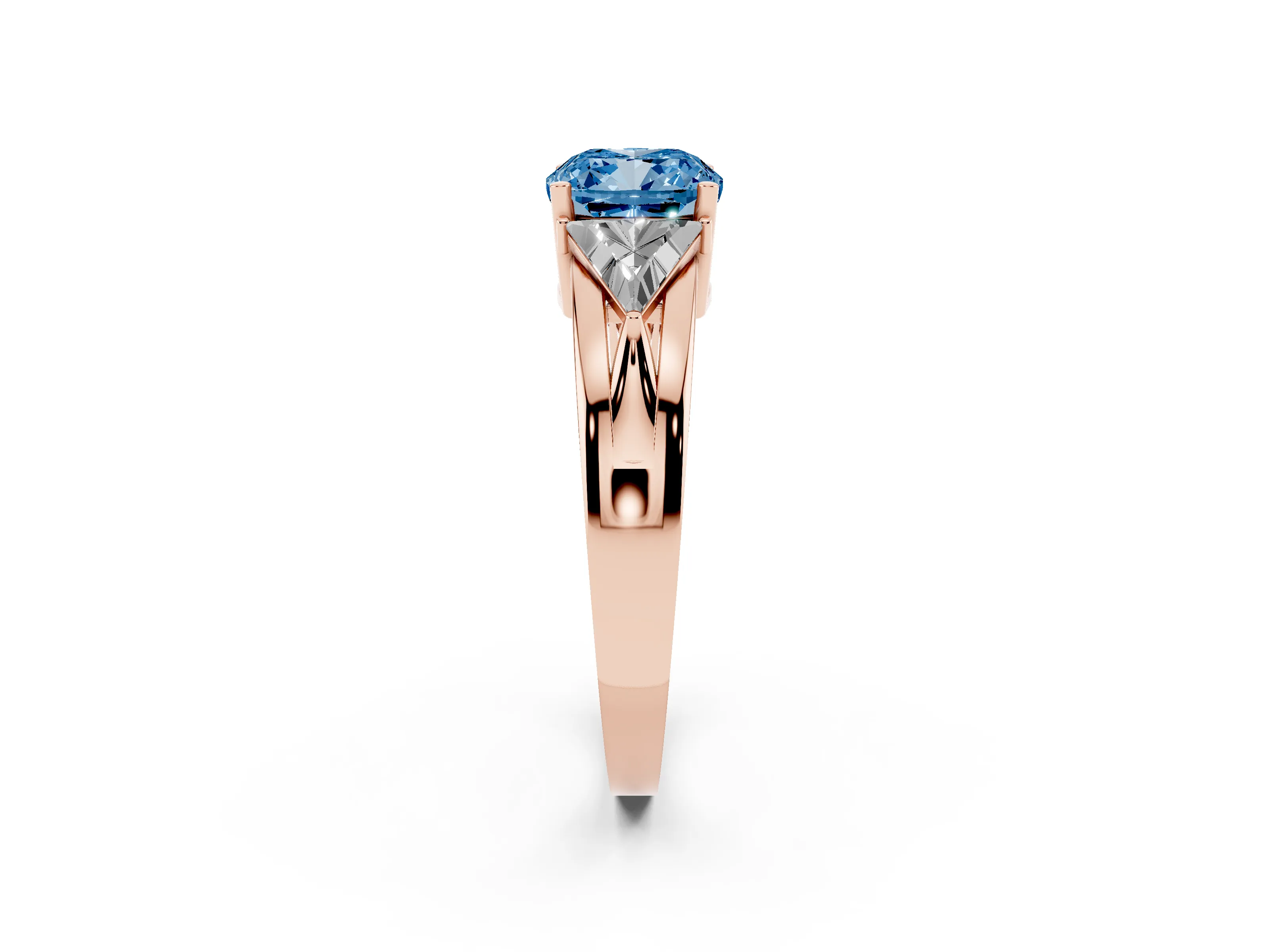 Fancy Blue Cushion Cut Diamond Three-Stone Ring Set in Rose gold with Trillion Side Stones and Split Shank