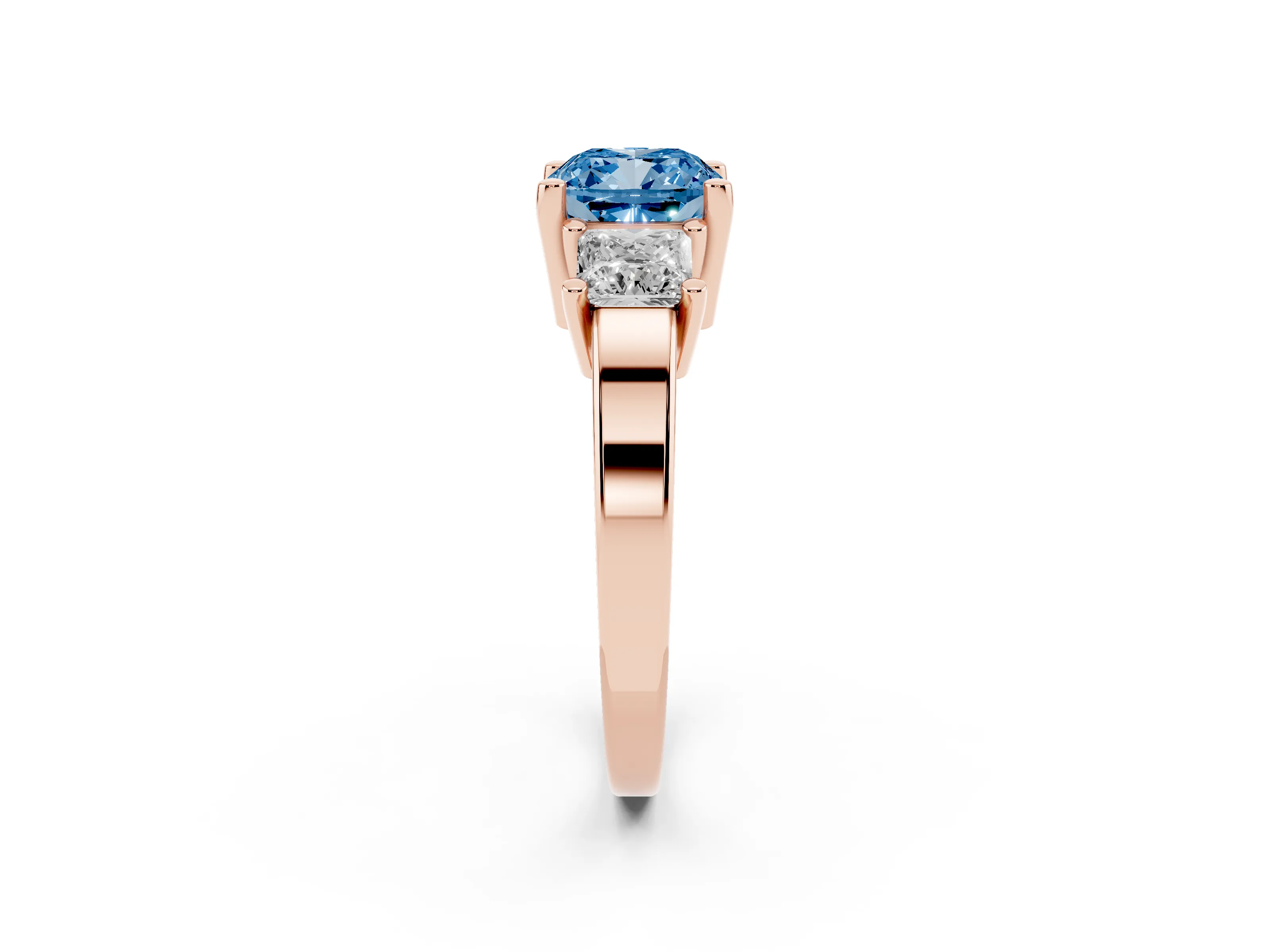 Fancy Blue Three-Stone Cushion Cut Diamond Solitaire Ring Set in Rose gold with Prong Setting