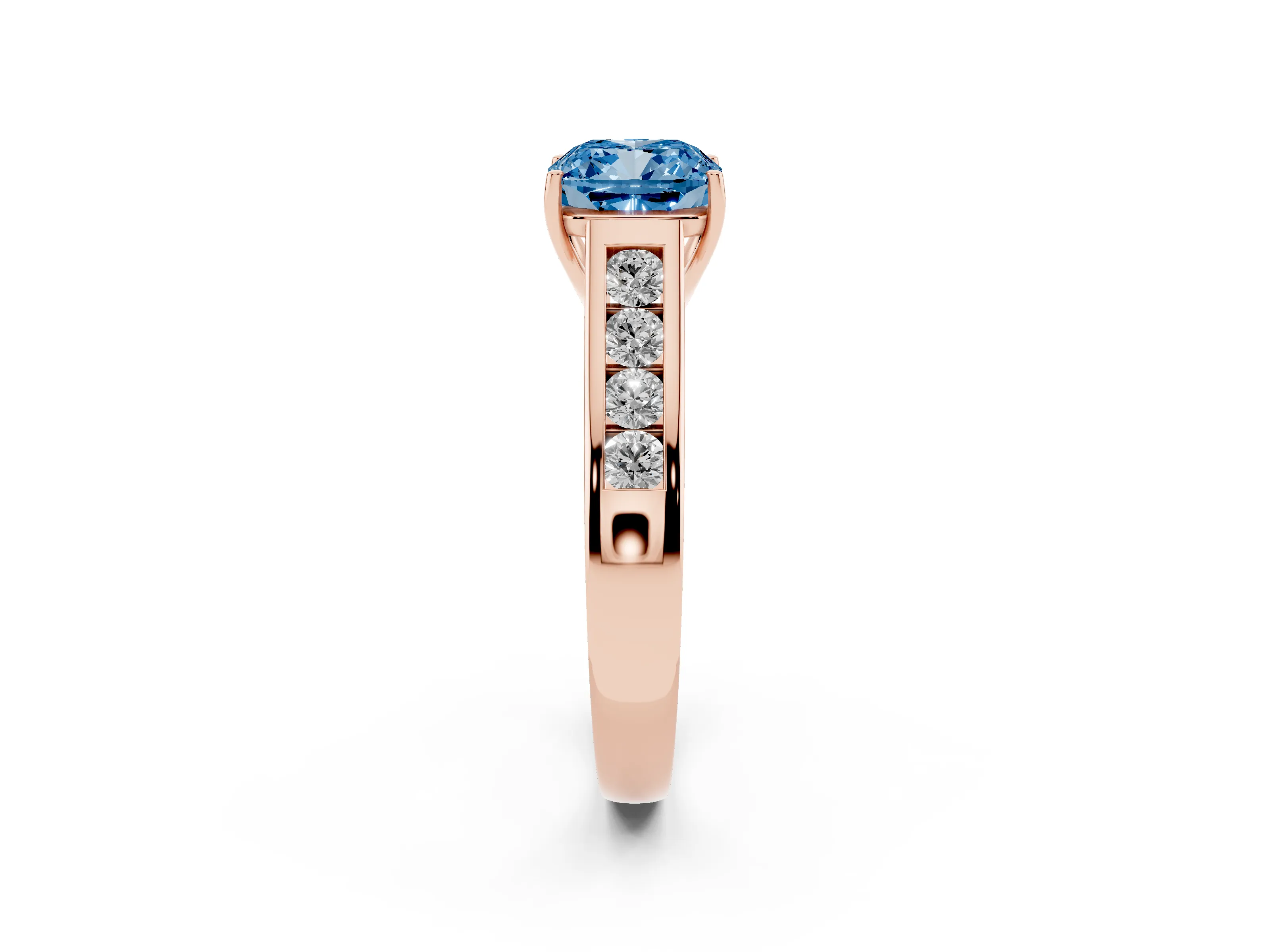 Fancy Blue Cushion Cut Diamond Brilliant Channel-Set Solitaire Ring Set in Rose gold with Prong Setting