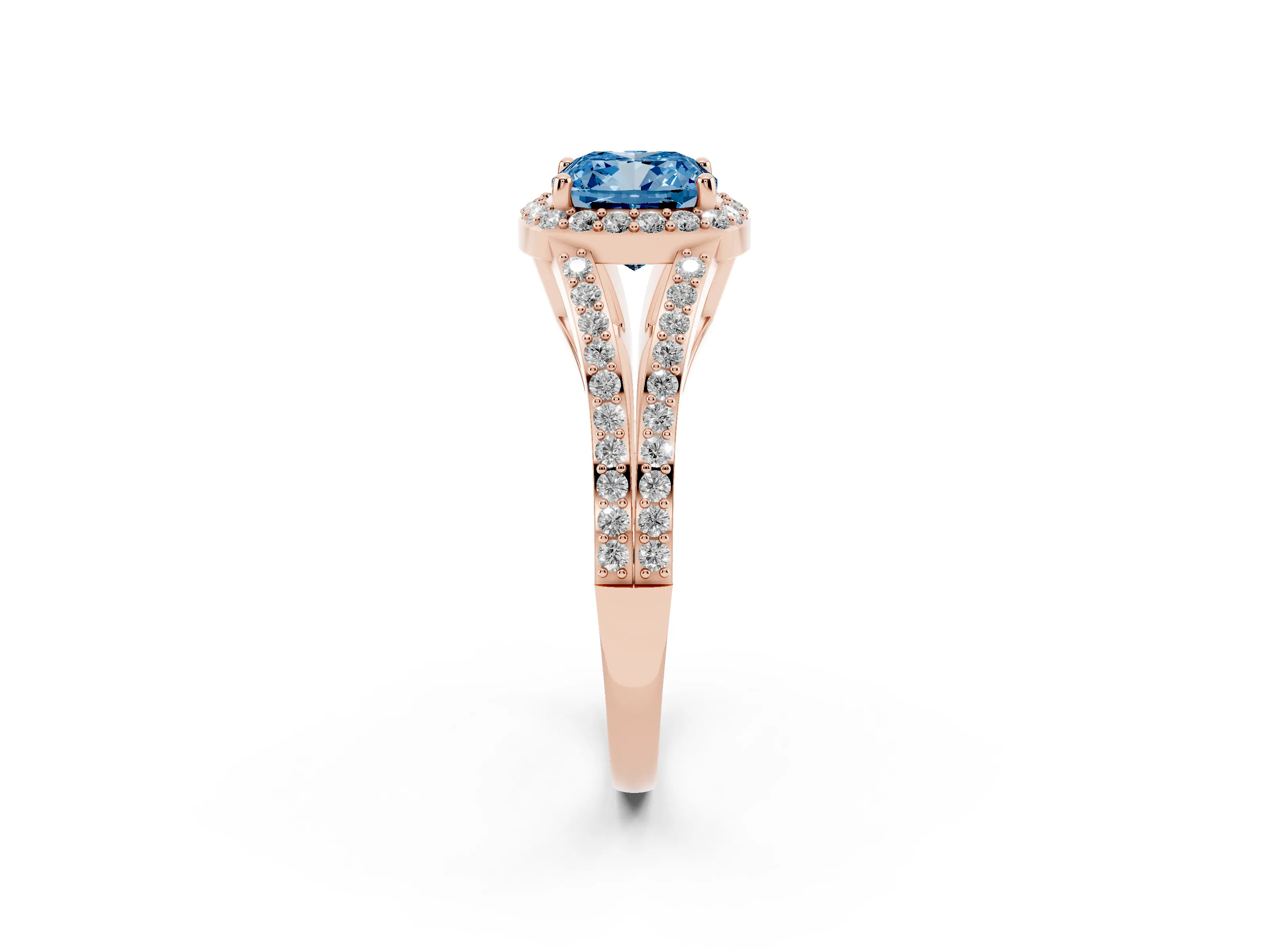 Fancy Blue Cushion Cut Diamond Halo Split Shank Ring Set in Rose gold with Accent Stones and Prong Setting