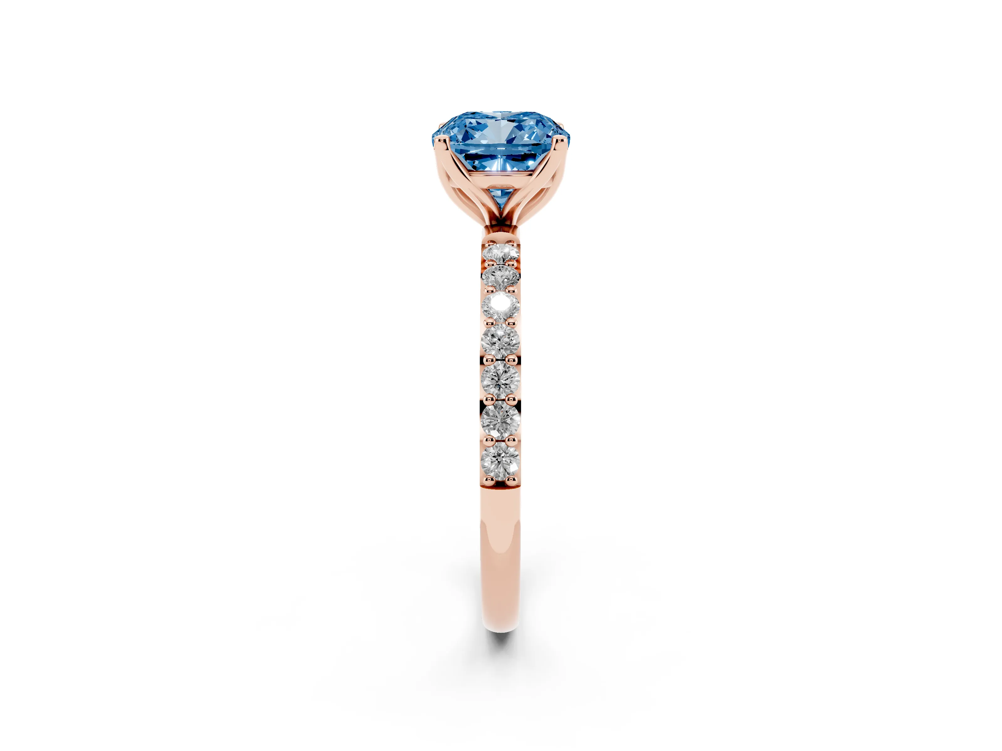 Fancy Blue Cushion Cut Diamond Solitaire Engagement Ring Set in Rose gold with Round Pavé Band and Prong Setting