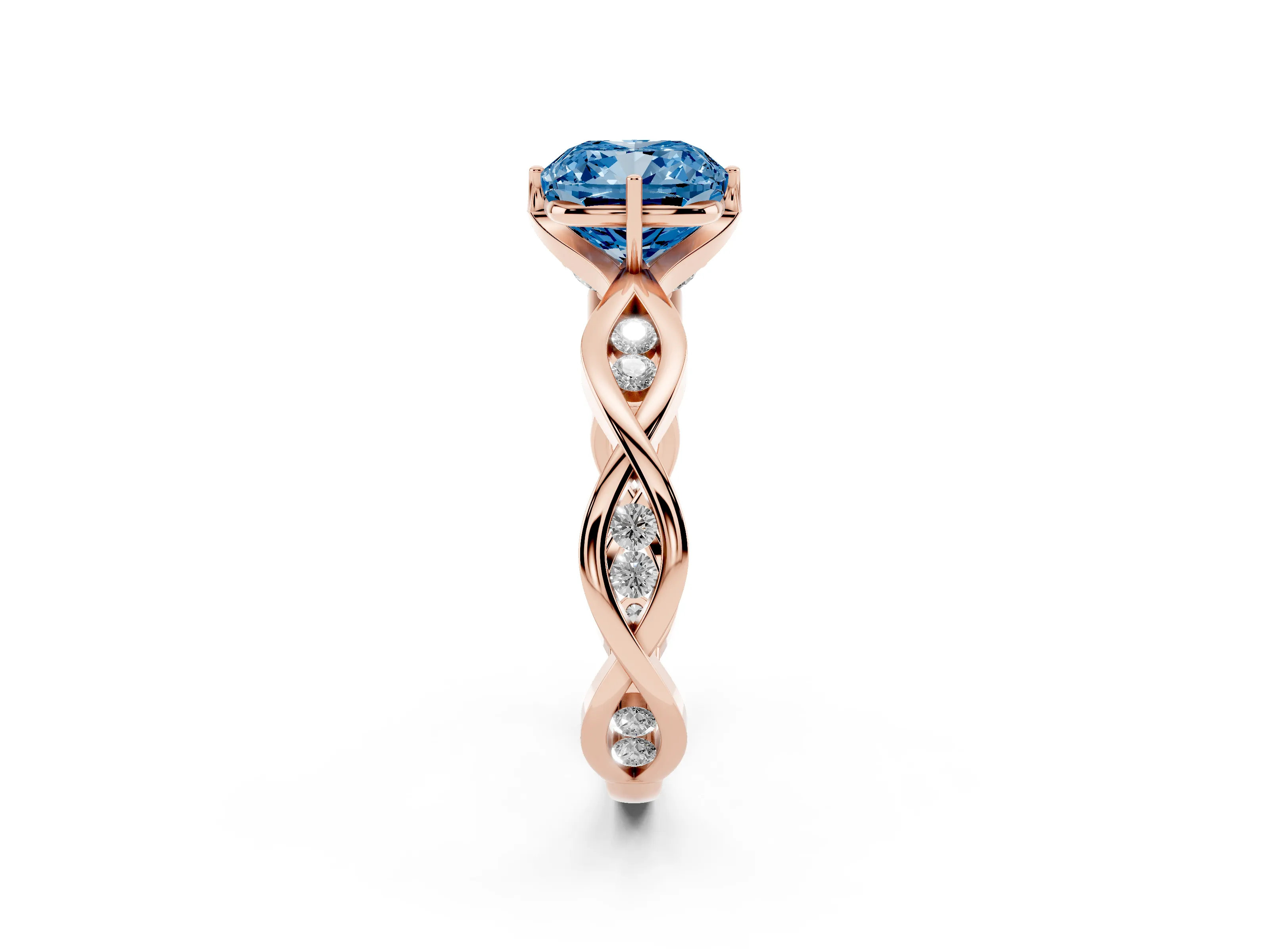 Fancy Blue Cushion Cut Diamond Twist Band Solitaire Ring Set in Rose gold with Leaf Prong Setting and Accent Stones
