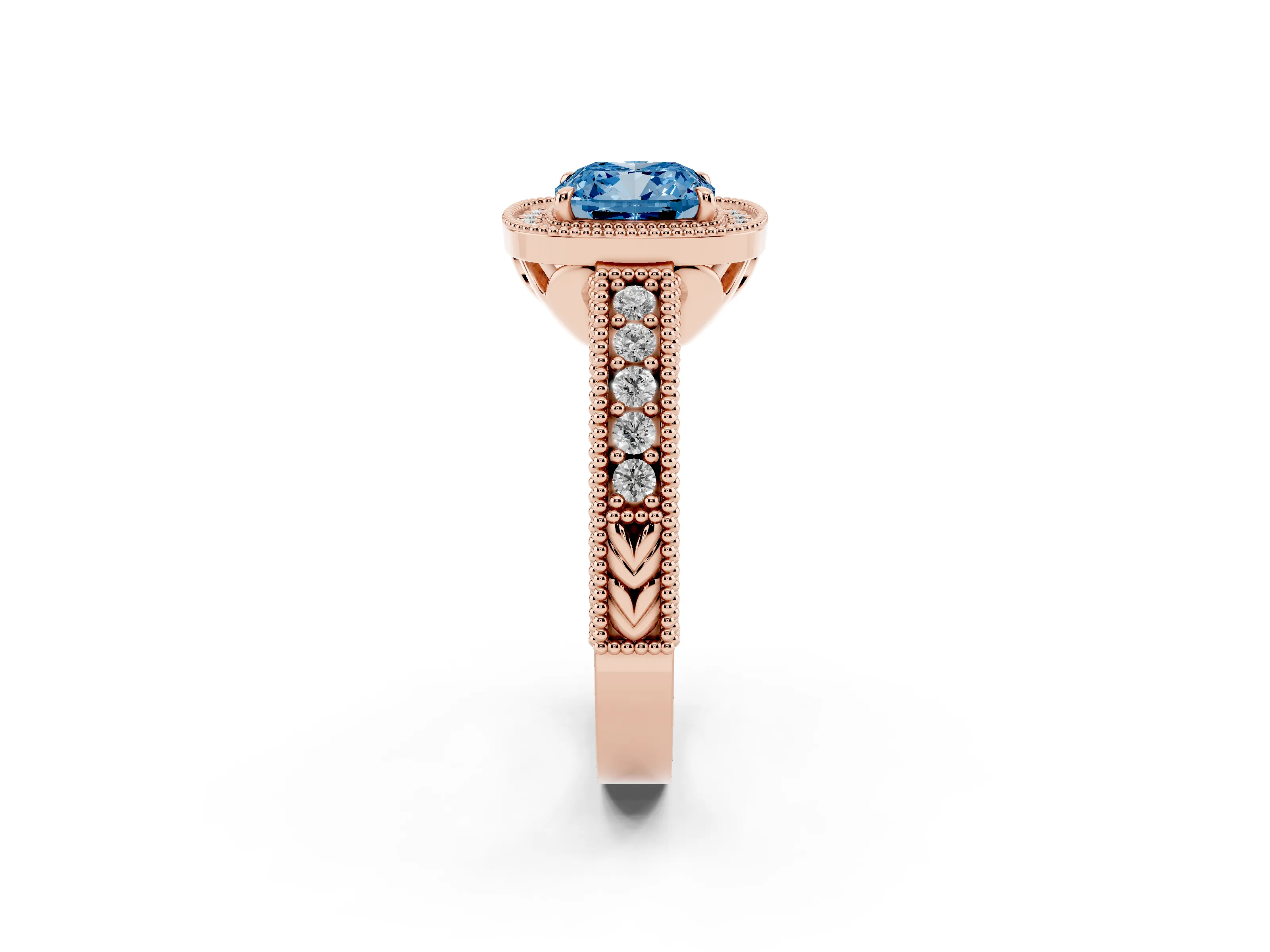Fancy Blue Cushion Cut Diamond Halo Ring Set in Rose gold with Round Accent Halo, Pavé Band and Prong Setting