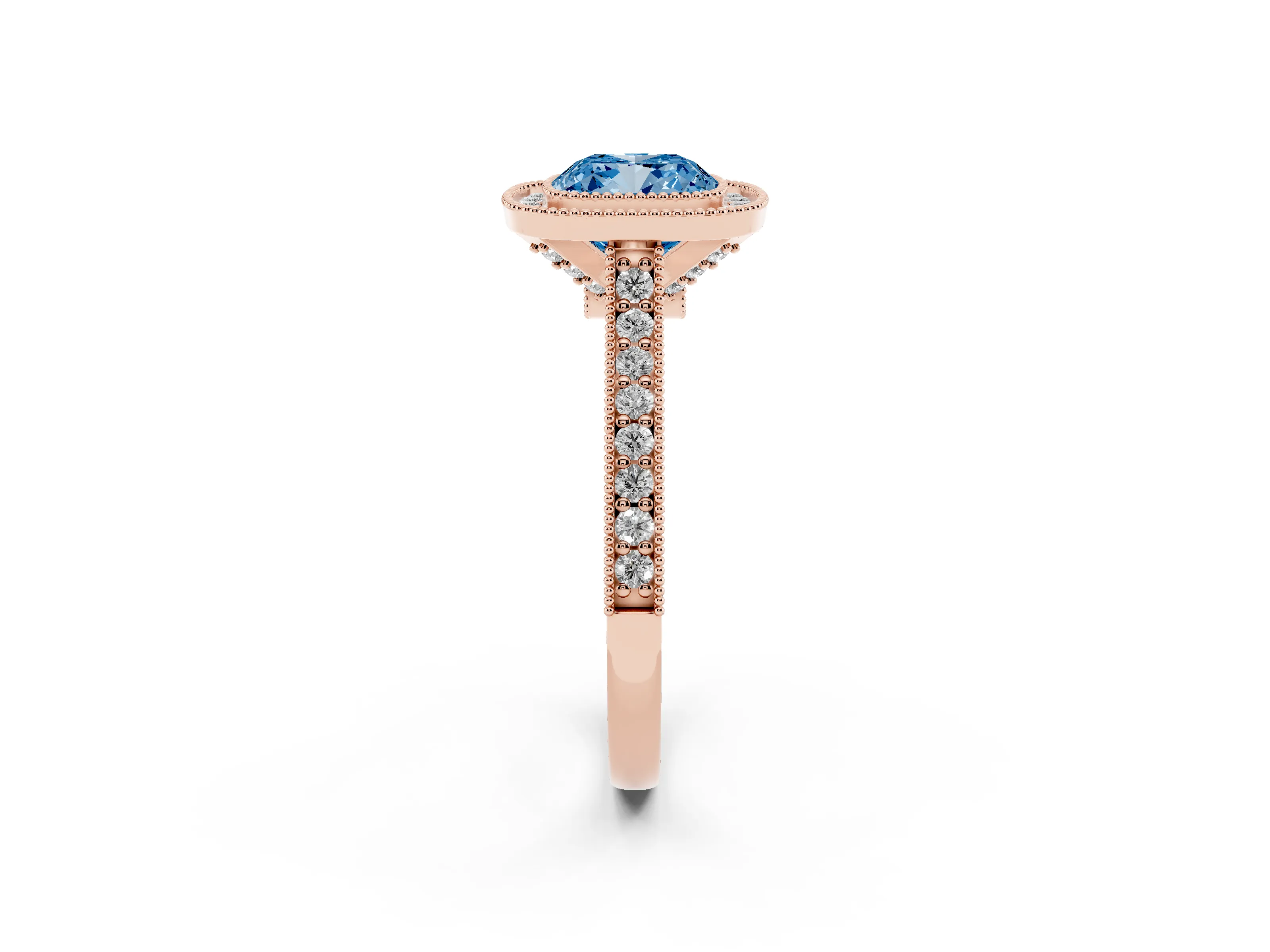 Fancy Blue Cushion Cut Diamond Halo Milgrain Pavé Band Ring Set in Rose gold with Prong Setting
