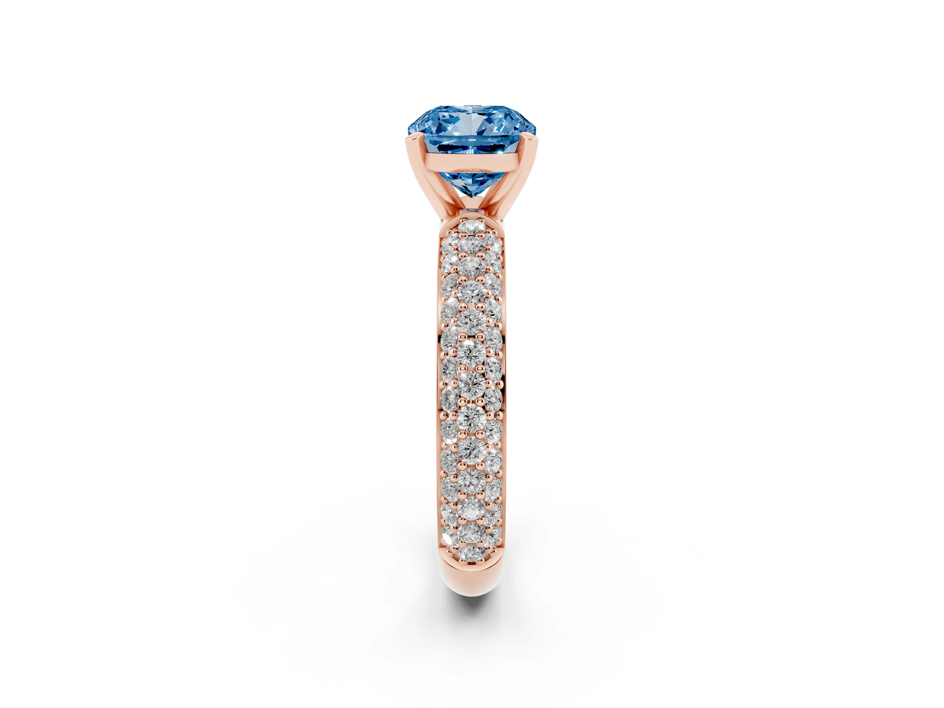 Fancy Blue Cushion Cut Diamond Solitaire Ring Set in Rose gold with Prong Setting and Pavé-Set Band