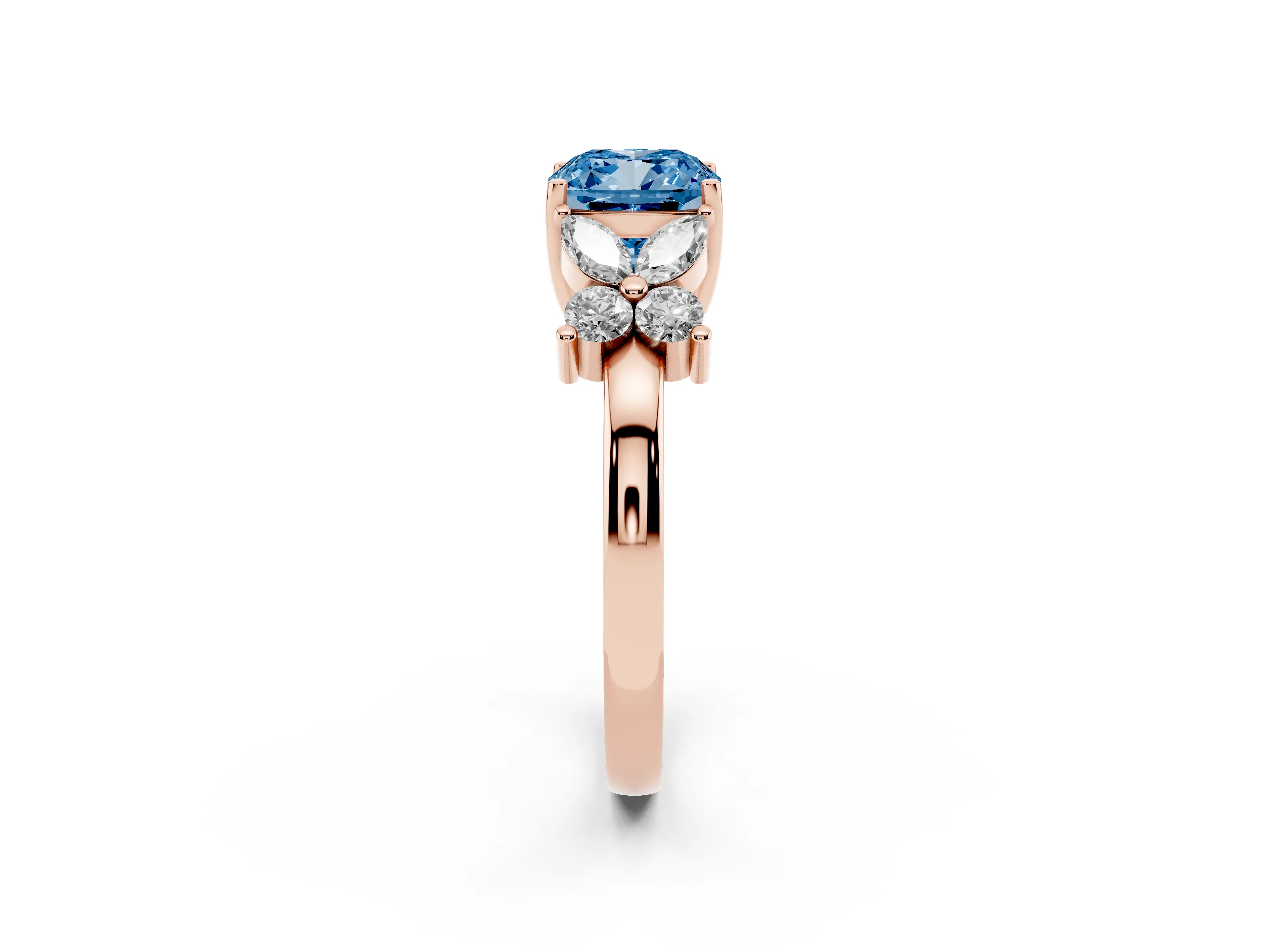 Fancy Blue Cushion Cut Diamond Floral Cluster Ring Set in Rose gold with Marquise Petals and Prong Setting