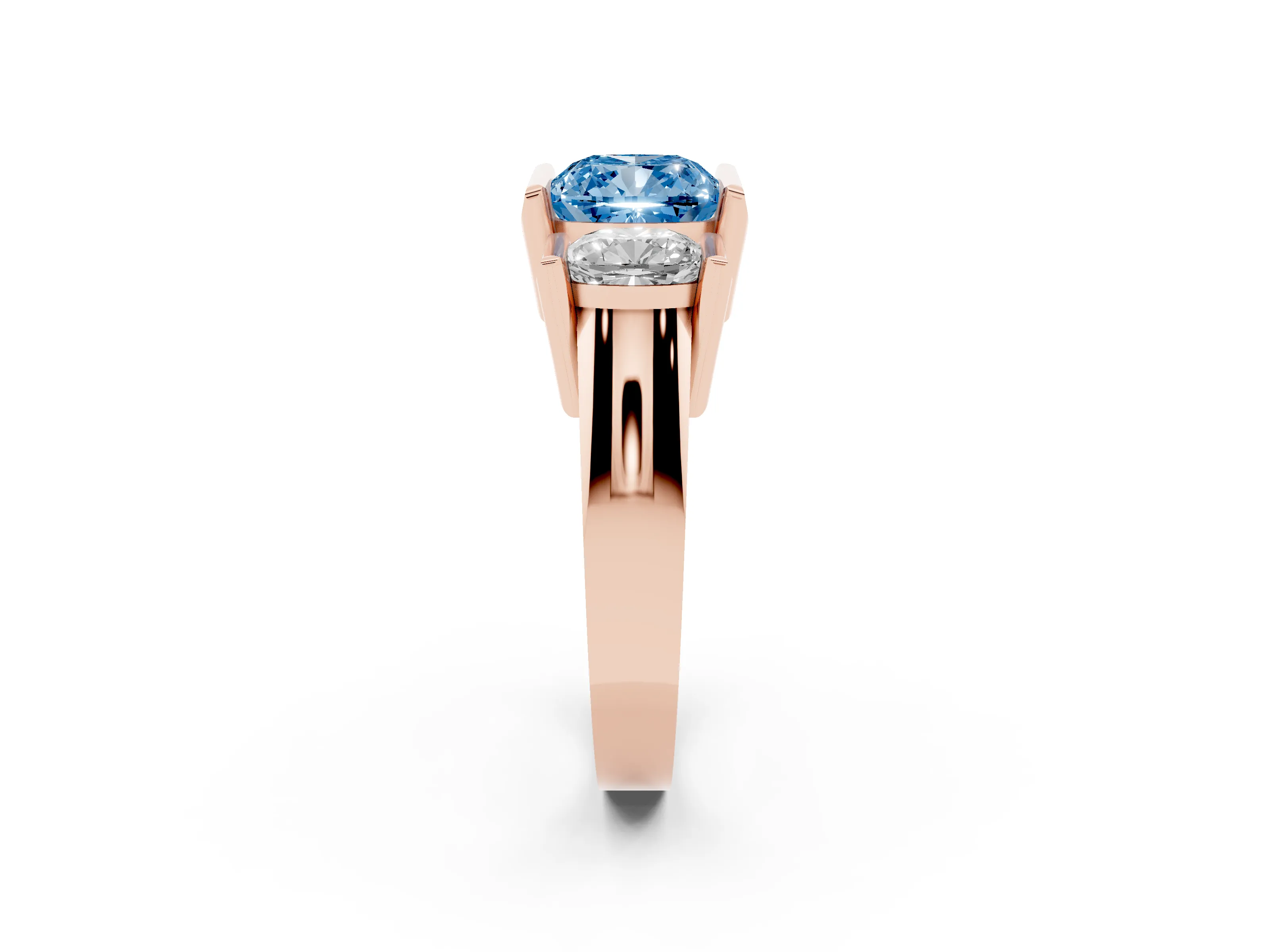 Fancy Blue Cushion Cut Diamond Three-Stone Channel Set Ring Set in Rose gold with Smooth Polished Band