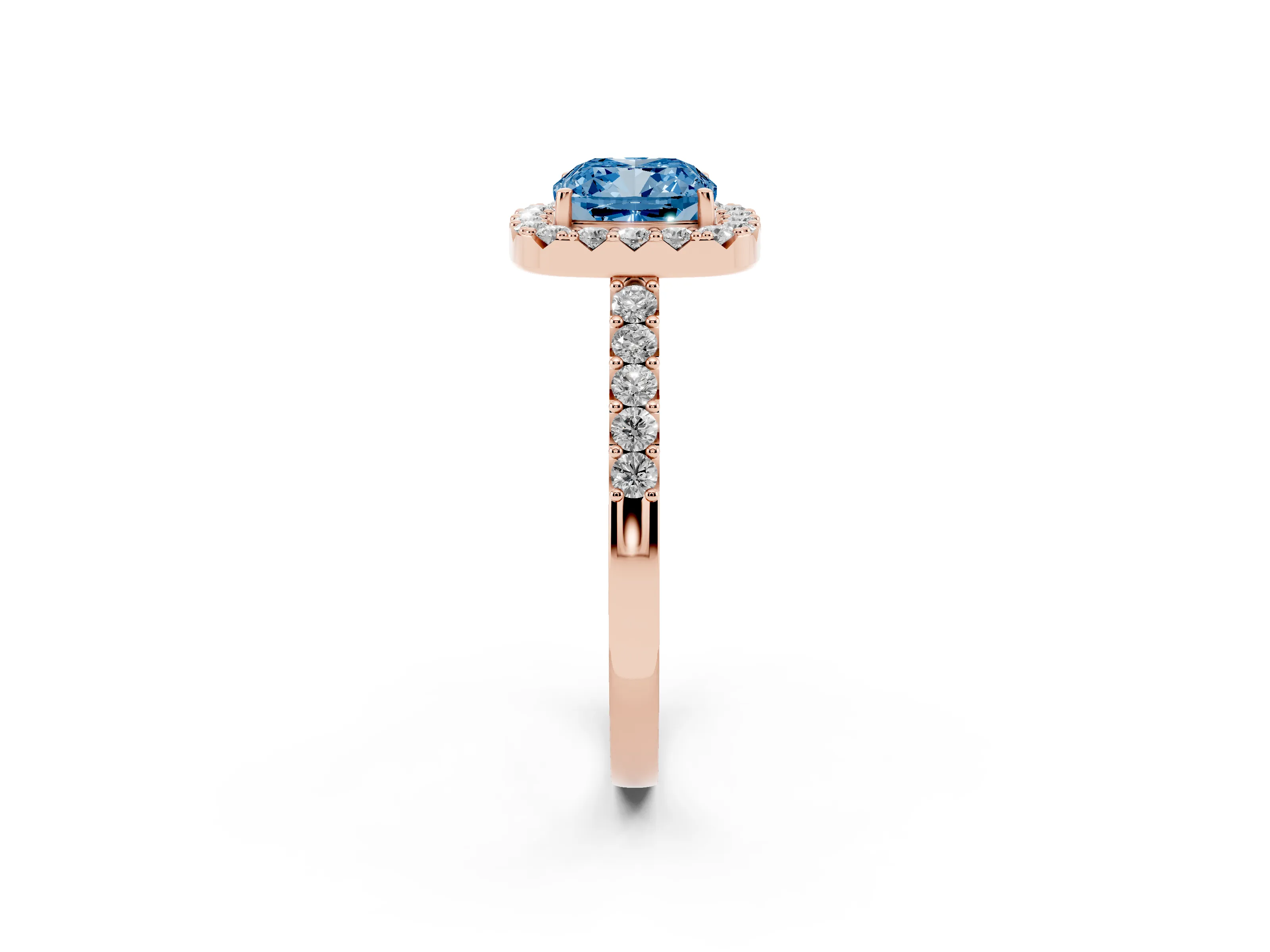 Fancy Blue Cushion Cut Diamond Halo Pavé Solitaire Ring Set in Rose gold with Prong-Set Center Stone