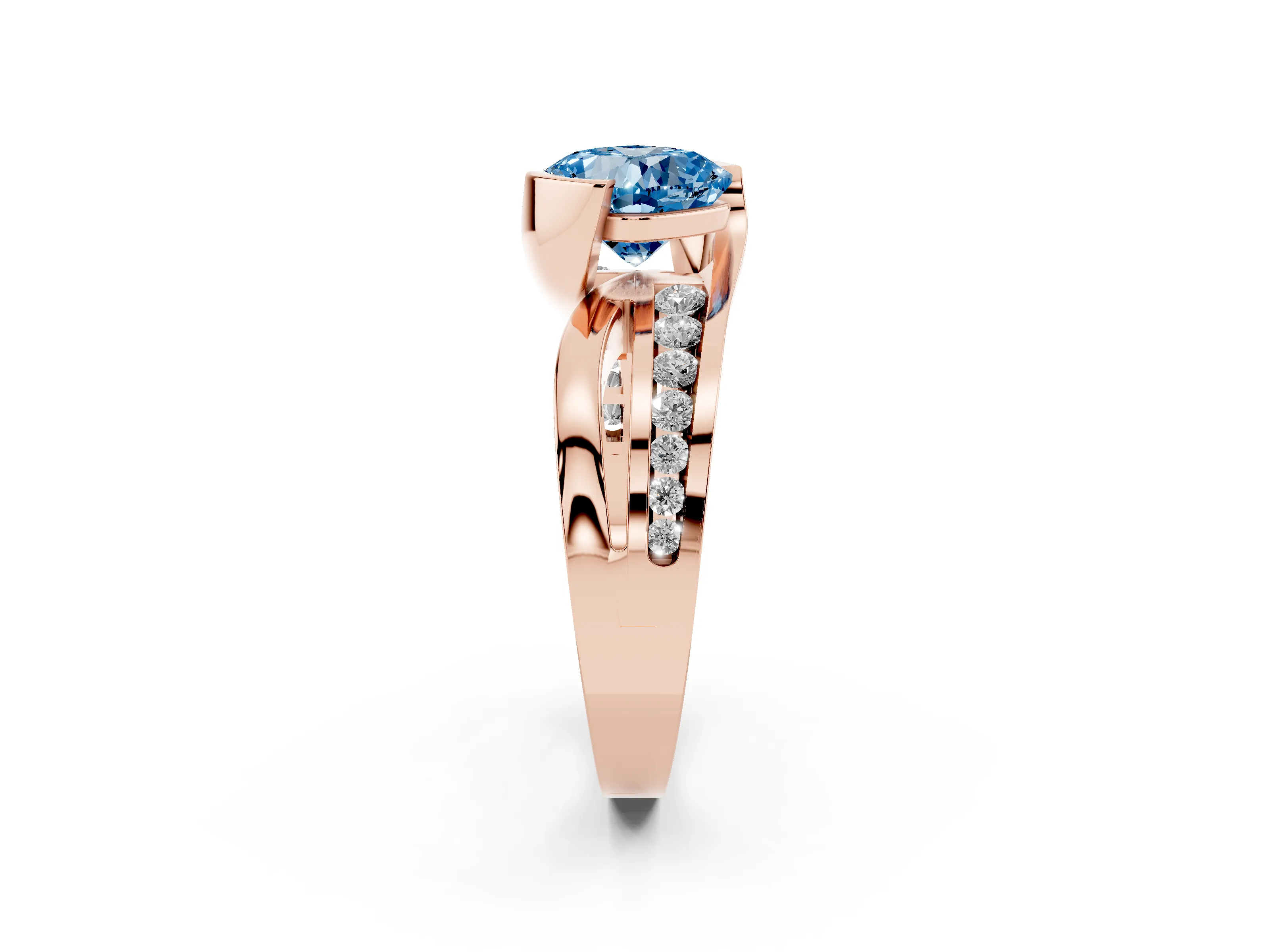 Fancy Blue Cushion Cut Diamond Solitaire Ring Set in Rose gold with Channel Set Split Shank and Tension Prongs