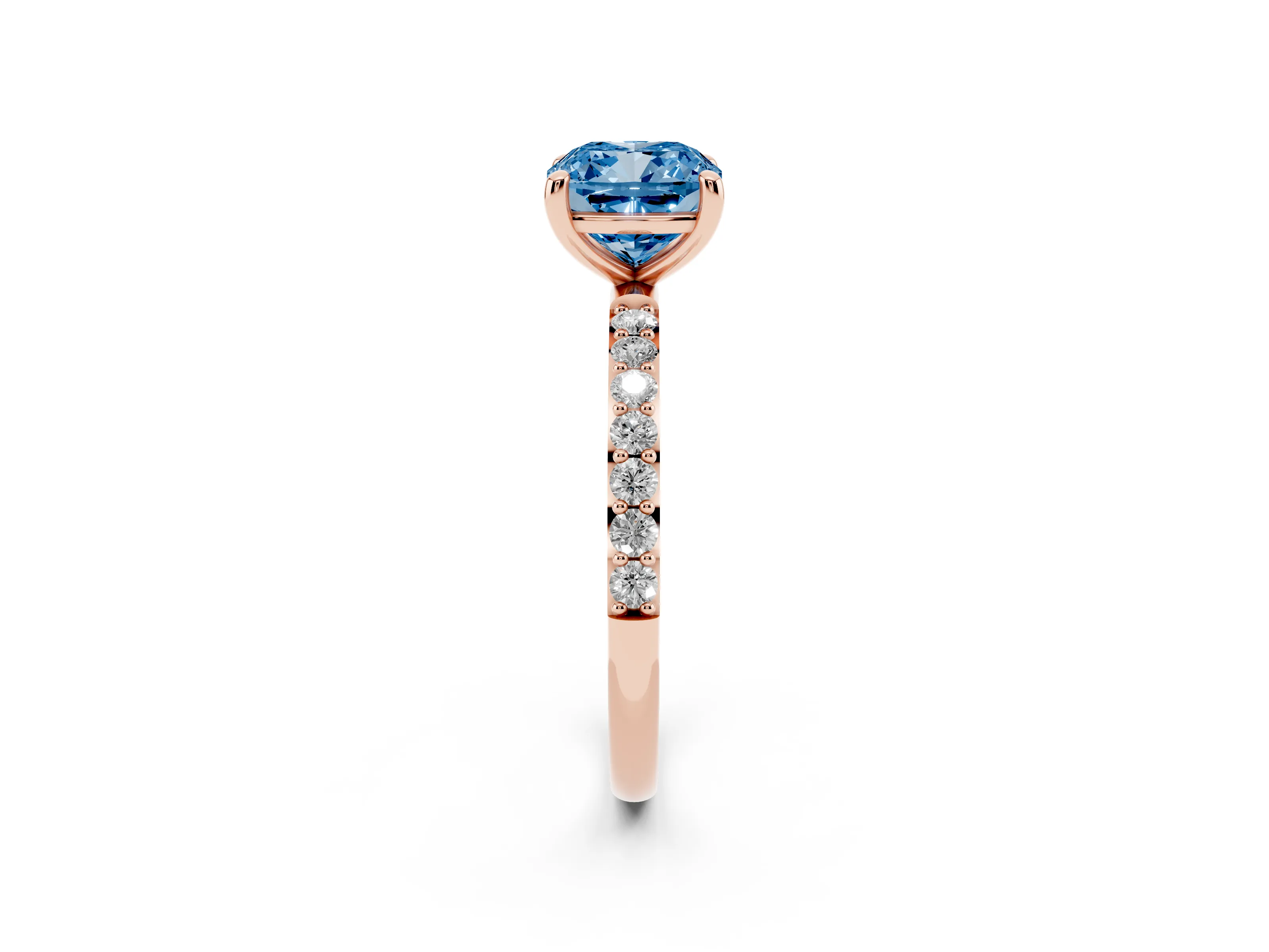 Fancy Blue Cushion Cut Diamond Solitaire Ring Set in Rose gold with Round Pavé Band and Prong Setting