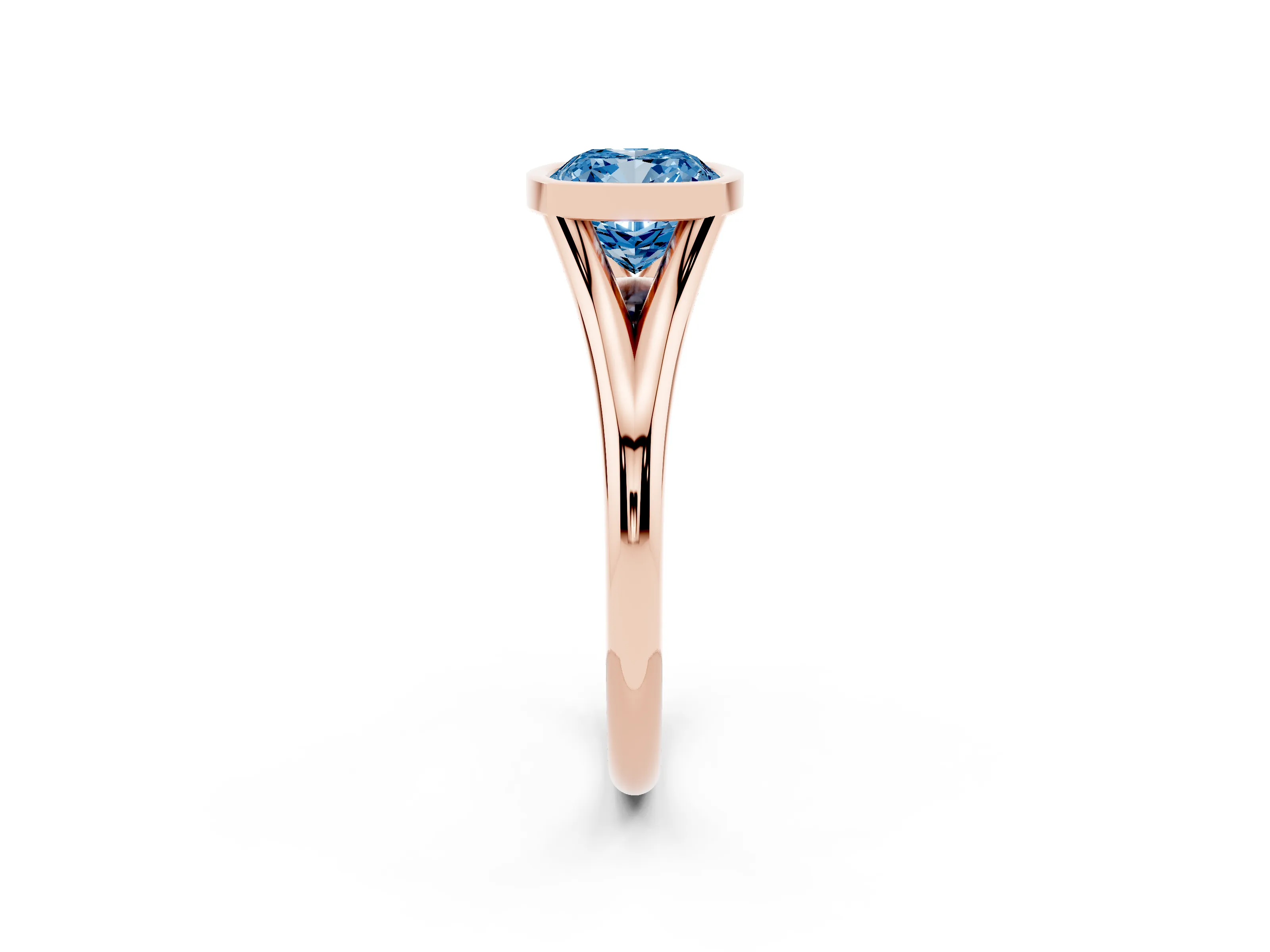 Fancy Blue Bezel Set Cushion Cut Diamond Solitaire Ring Set in Rose gold with Tapered Band
