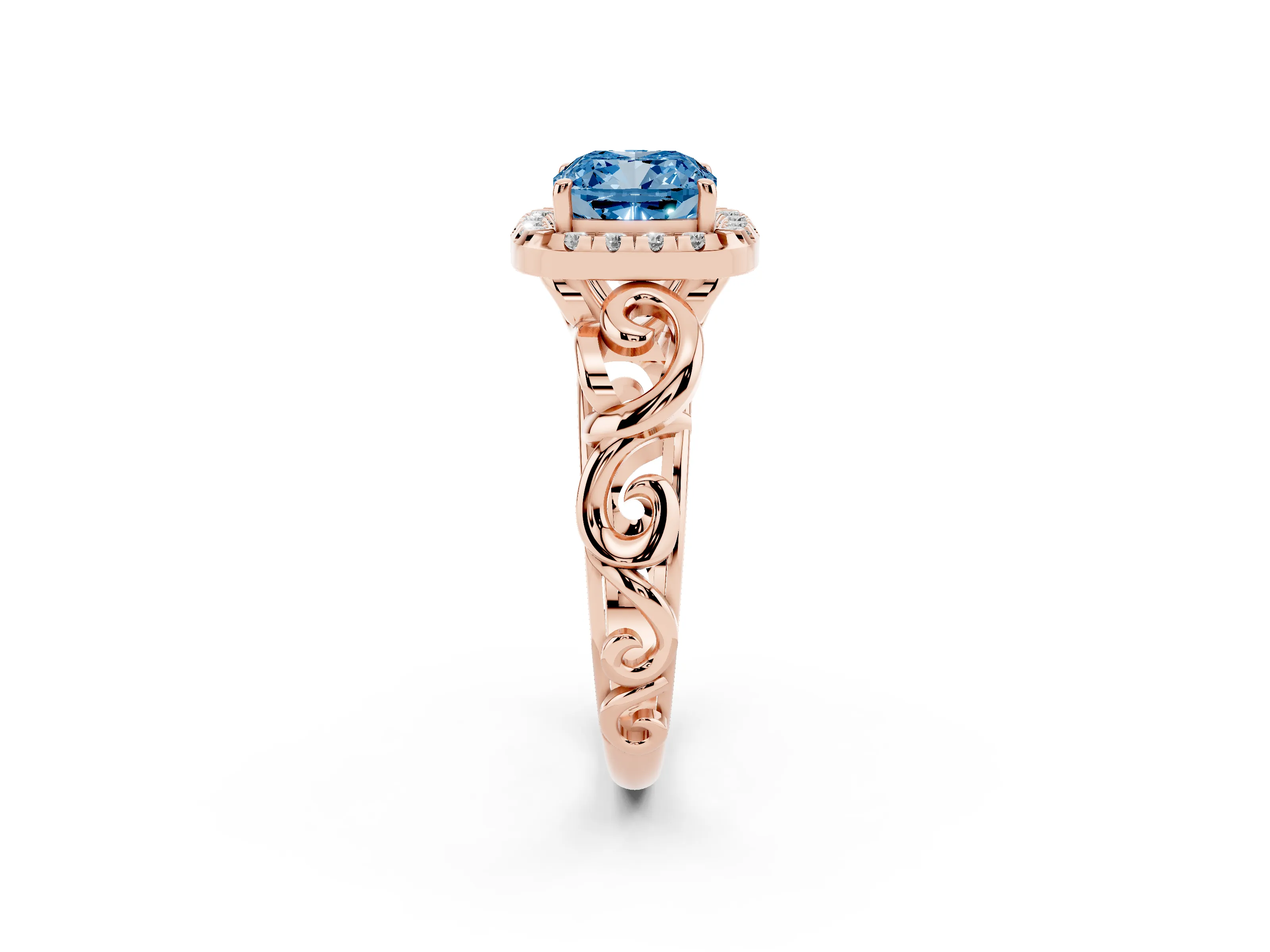 Fancy Blue Cushion Cut Diamond Halo Ring Set in Rose gold with Scrollwork Band and Prong Setting