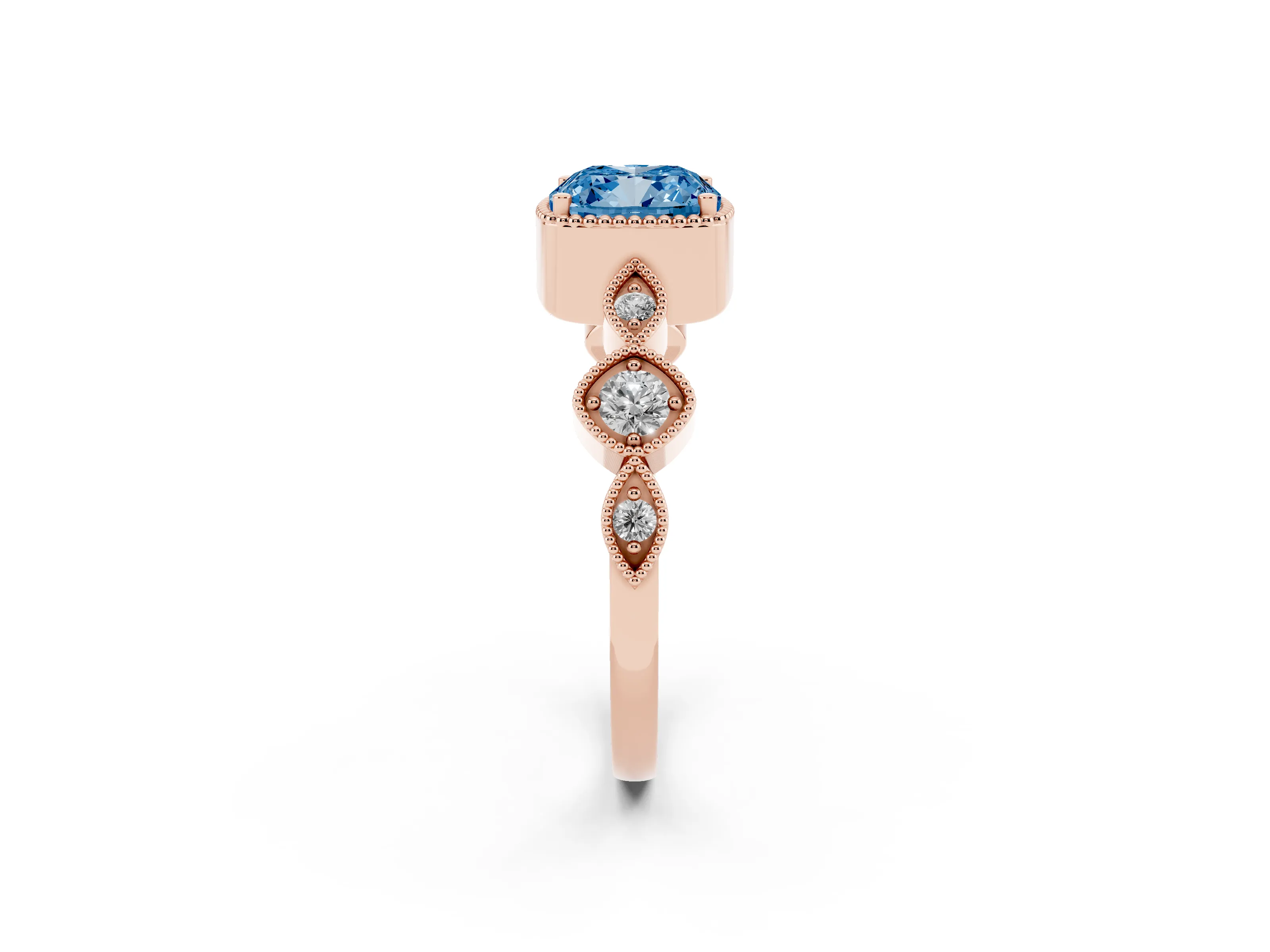Fancy Blue Cushion Cut Diamond Vintage-Inspired Milgrain Ring Set in Rose gold with Marquise Stations of Round Accents