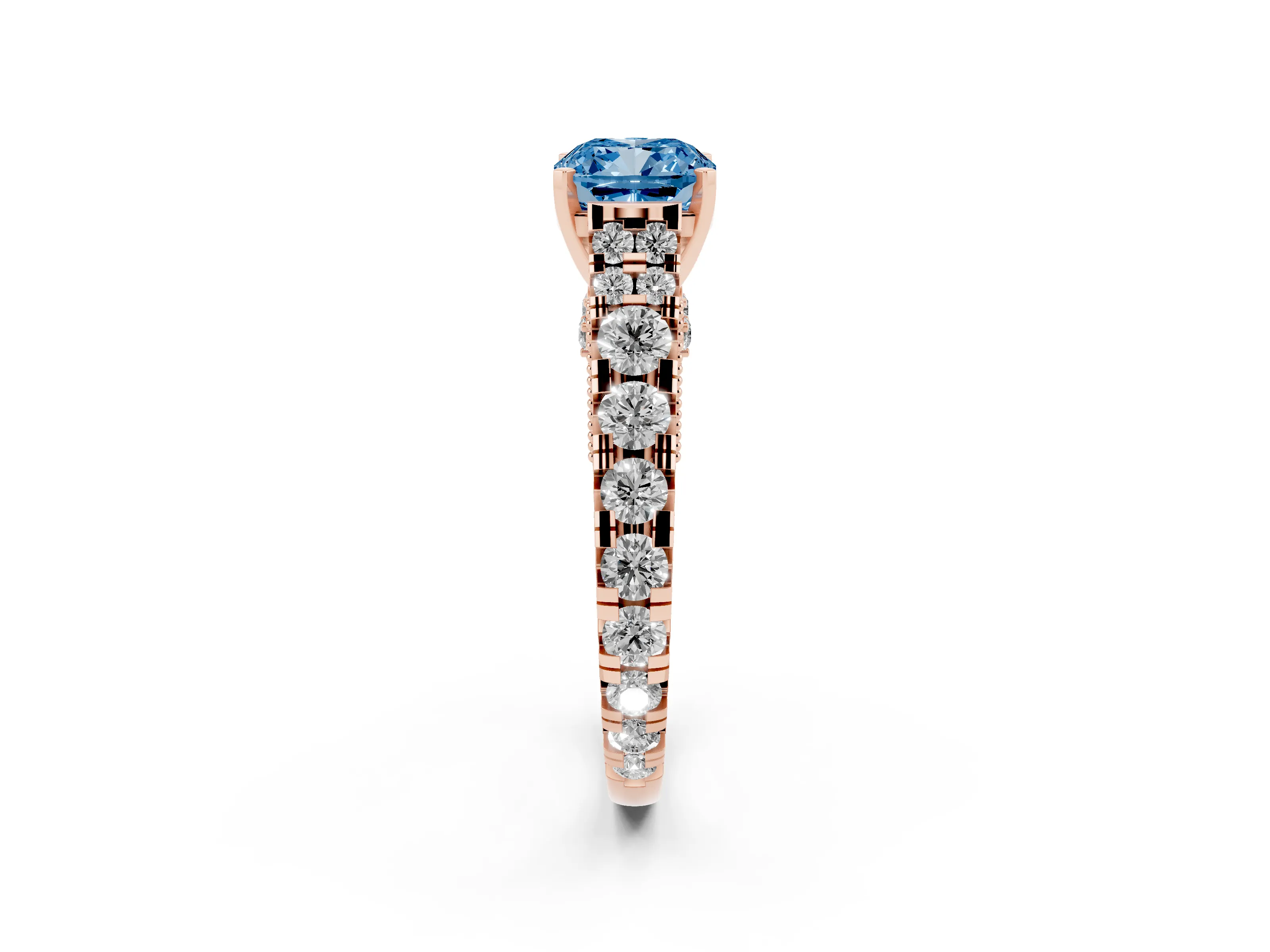 Fancy Blue Cushion Cut Diamond Classic Solitaire Ring Set in Rose gold with Pavé Band and Prong Setting