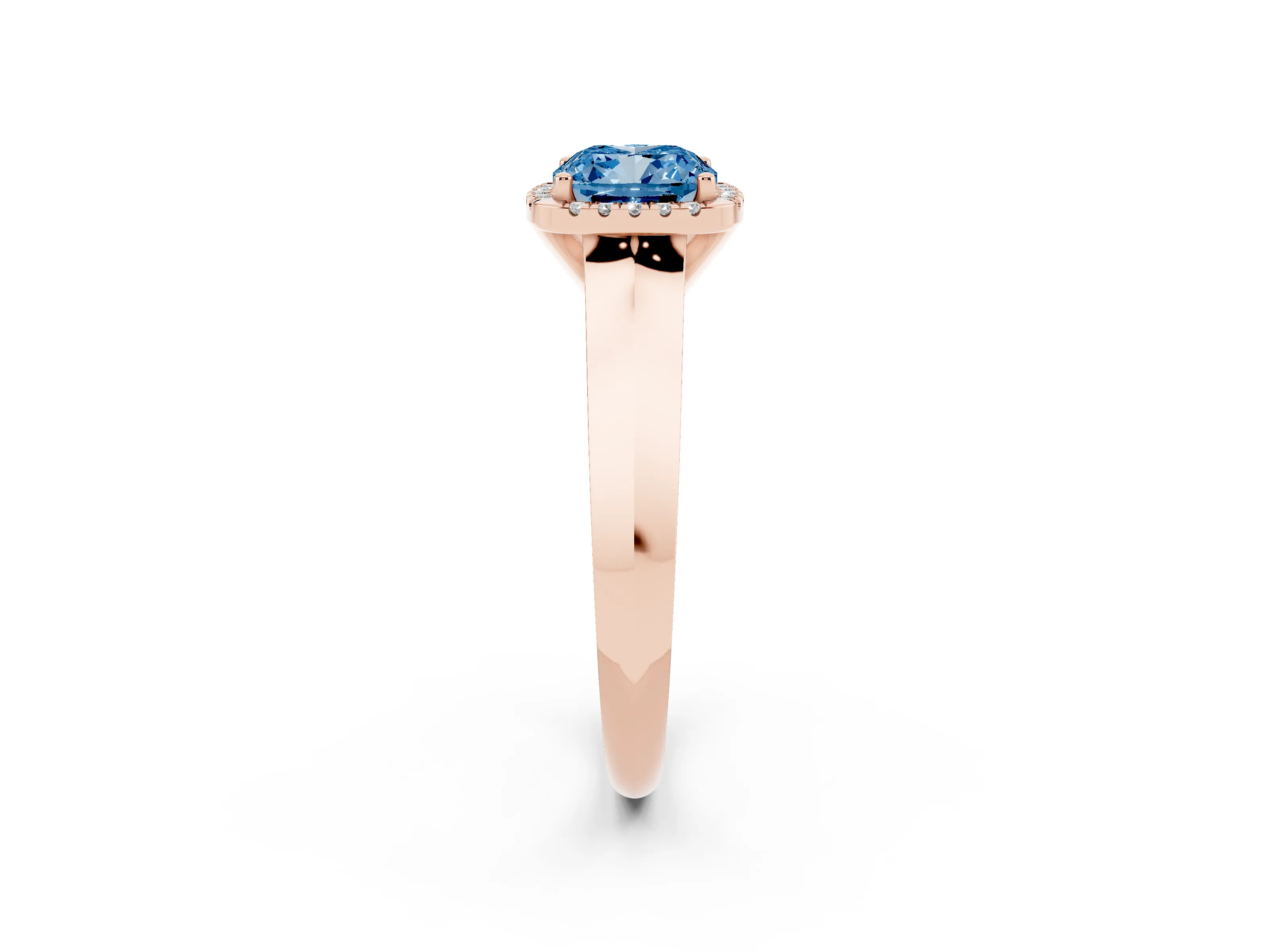 Fancy Blue Cushion Cut Diamond Halo Ring Set in Rose gold with Cathedral Band and Prong Setting