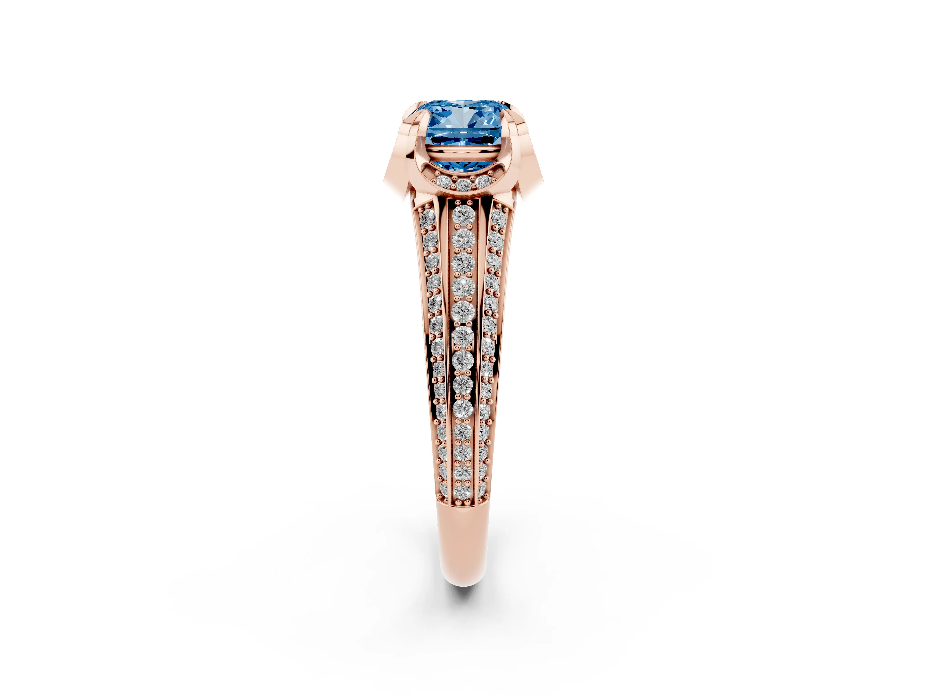 Fancy Blue Cushion Cut Diamond Pavé Split Shank Solitaire Ring Set in Rose gold with Prong Setting