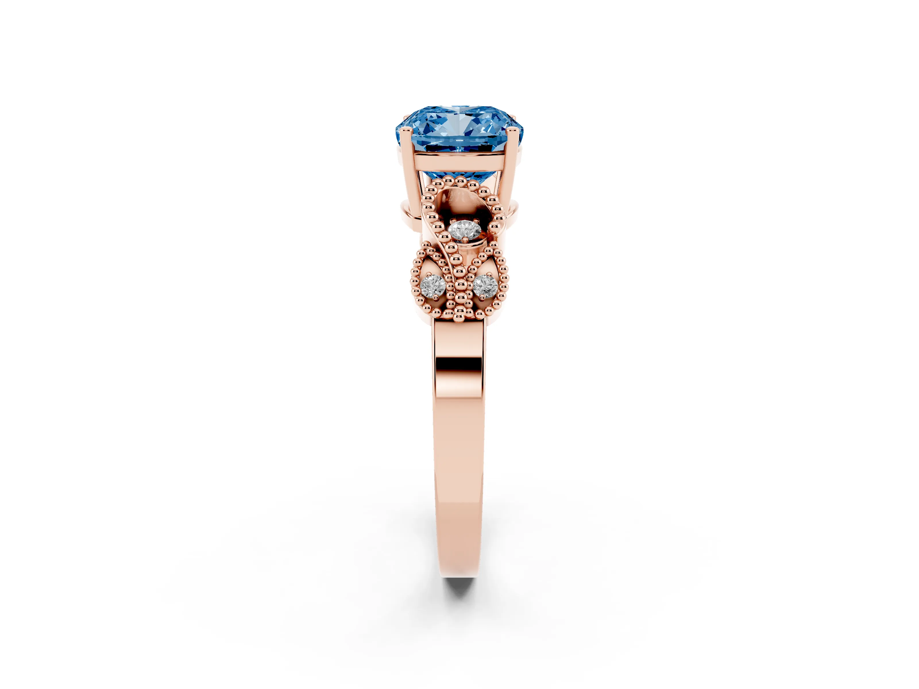 Fancy Blue Cushion Cut Diamond Milgrain Leaf Band Solitaire Ring Set in Rose gold with Accent Stones and Prong Setting