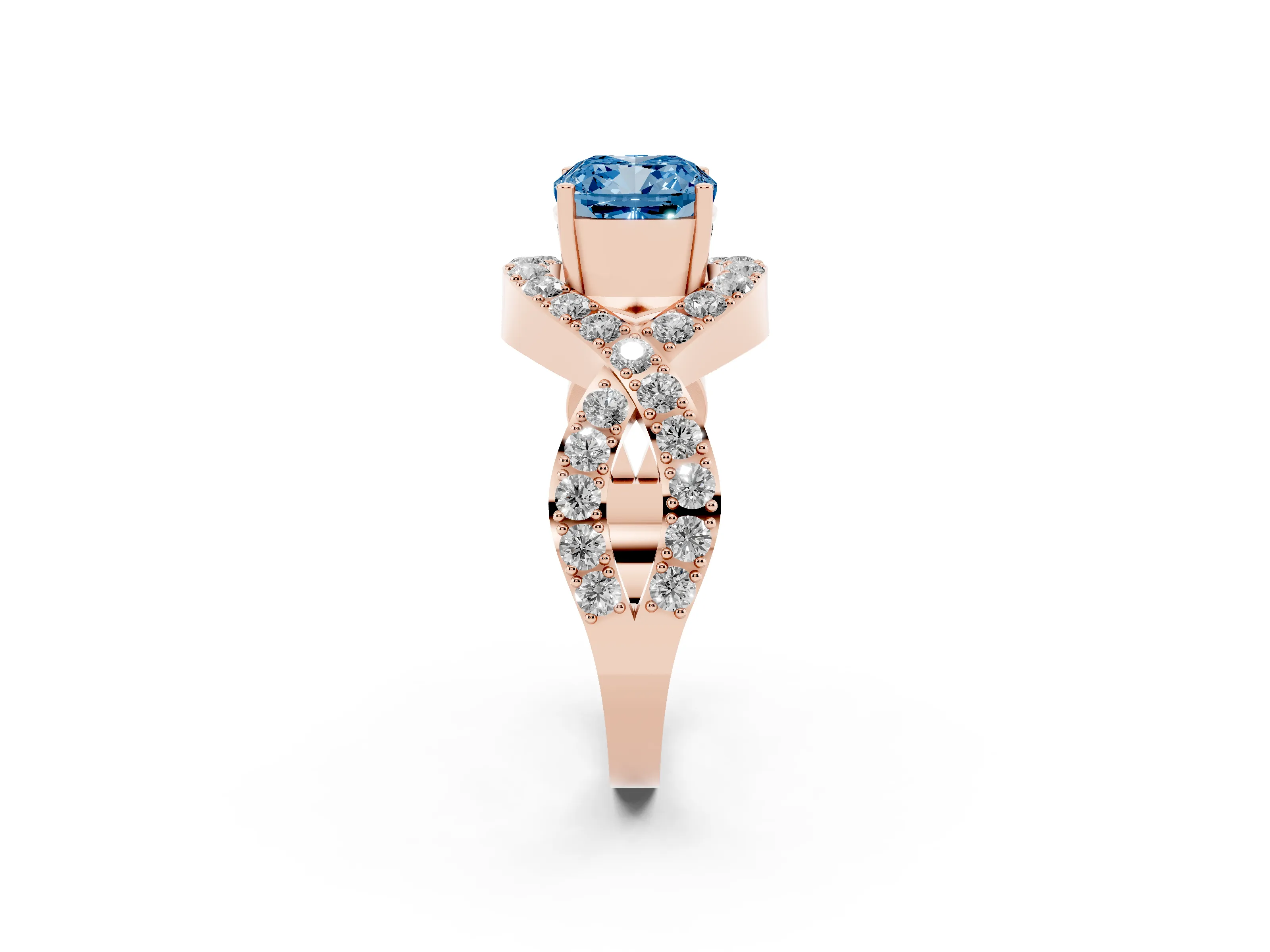 Fancy Blue Cushion Cut Diamond Solitaire Twist Band Pavé Engagement Ring Set in Rose gold