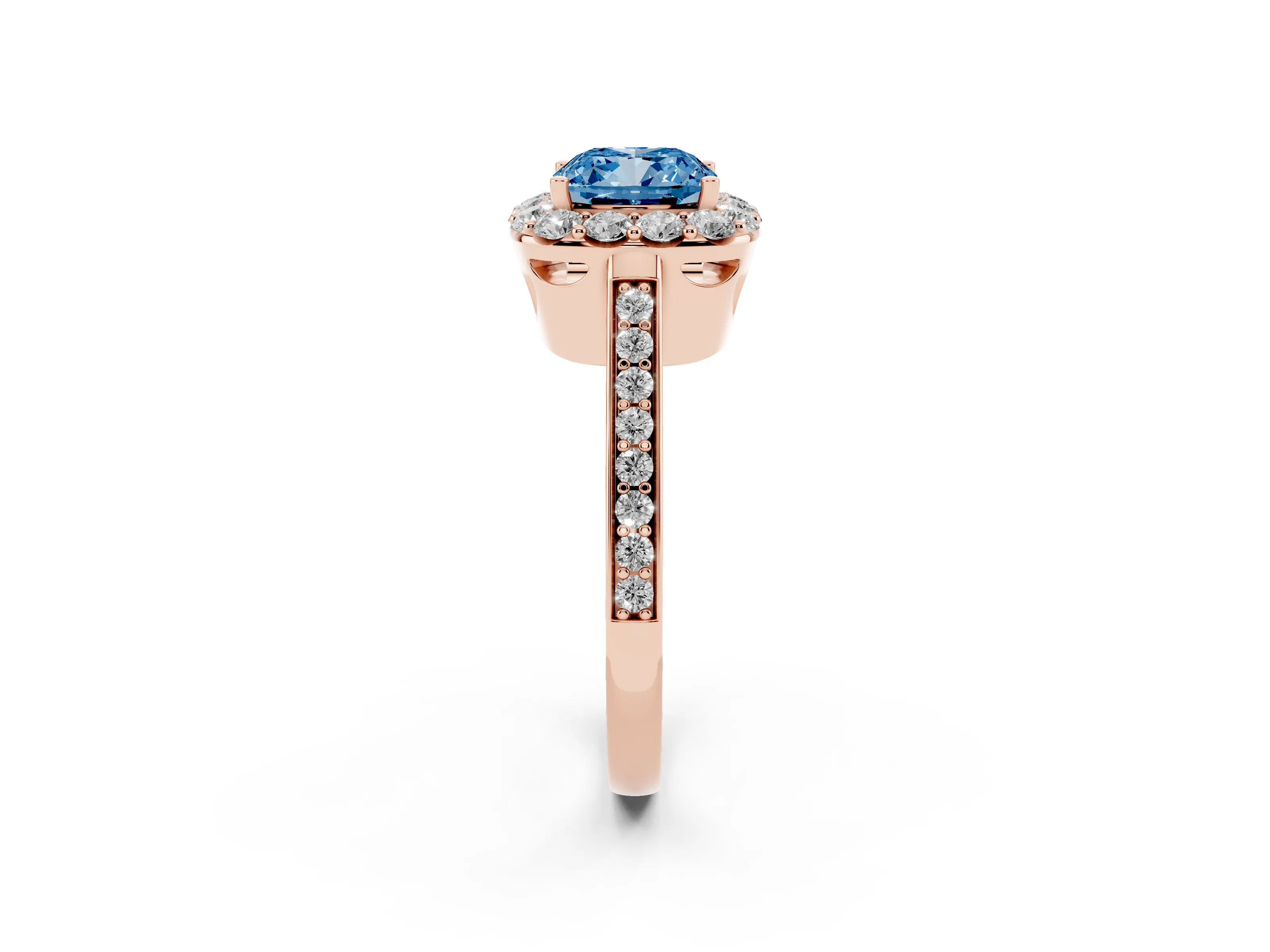 Fancy Blue Cushion Cut Diamond Floral Halo Ring Set in Rose gold with Pavé Band and Prong Setting