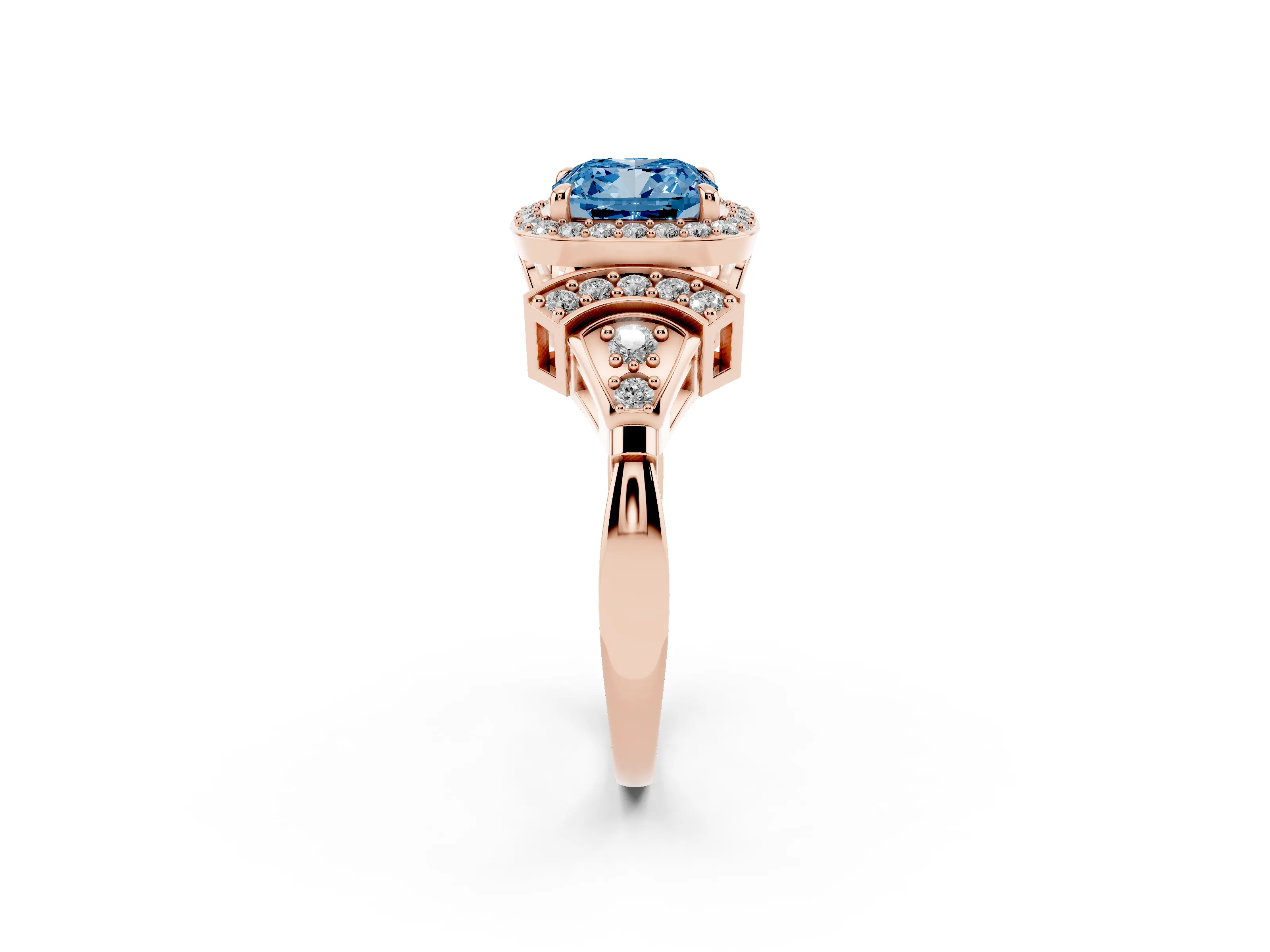 Fancy Blue Cushion Cut Diamond Halo Engagement Ring Set in Rose gold with Accent Stone Split Shank