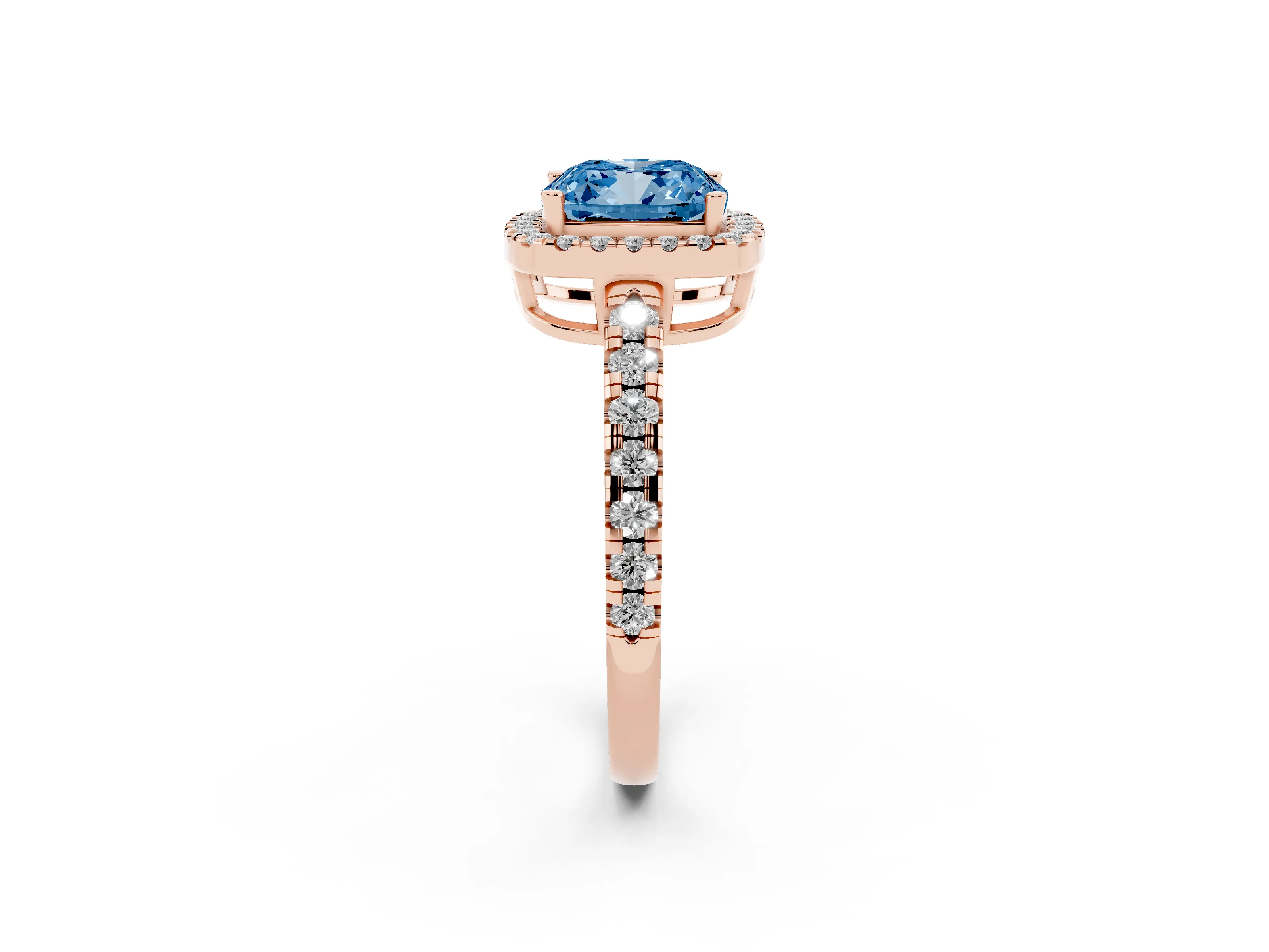 Fancy Blue Cushion Cut Diamond Halo Ring Set in Rose gold with Delicate Pavé Band and Prong Setting