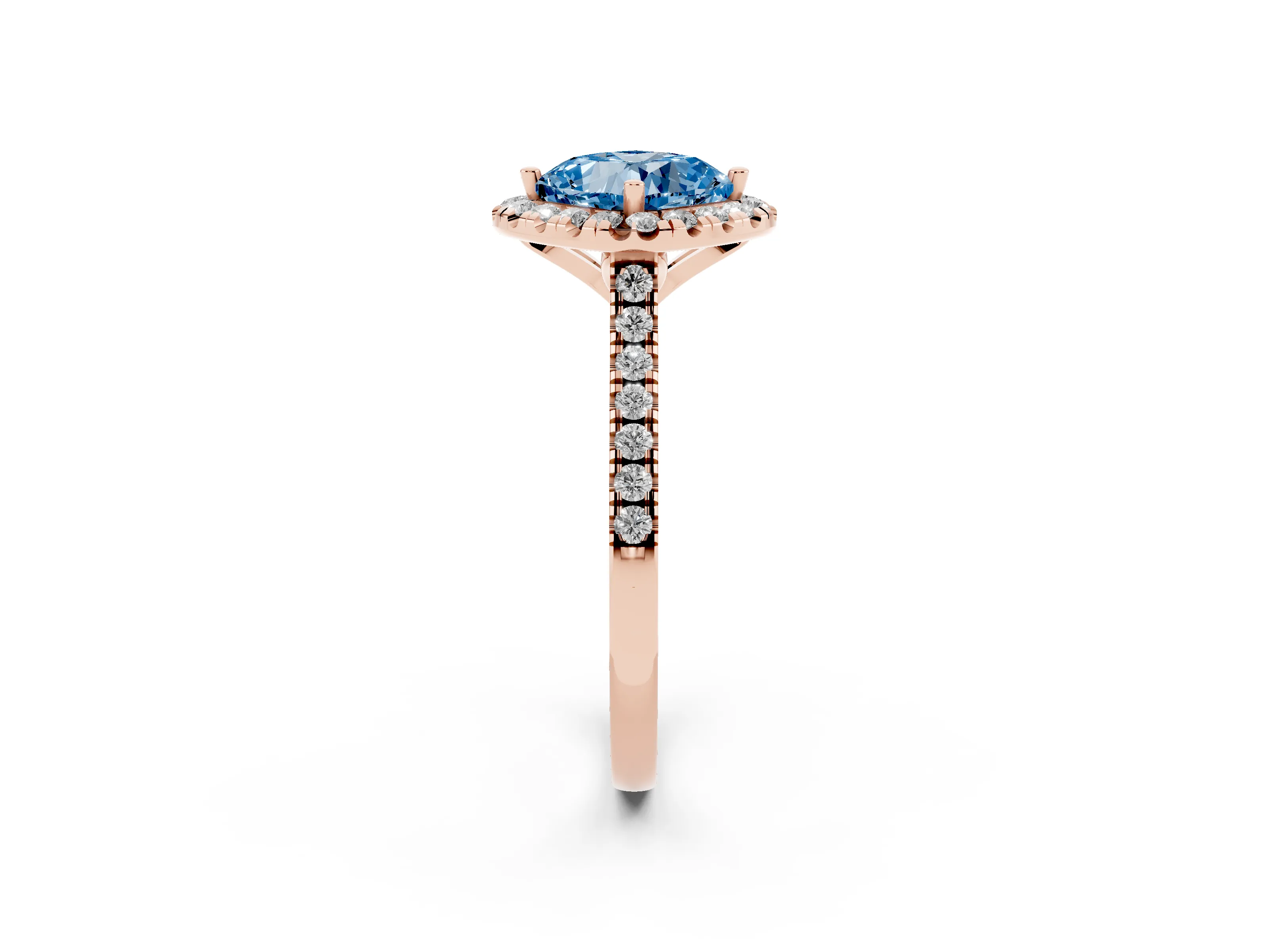 Fancy Blue Cushion Cut Diamond Cushion Halo Ring Set in Rose gold with Pavé Band