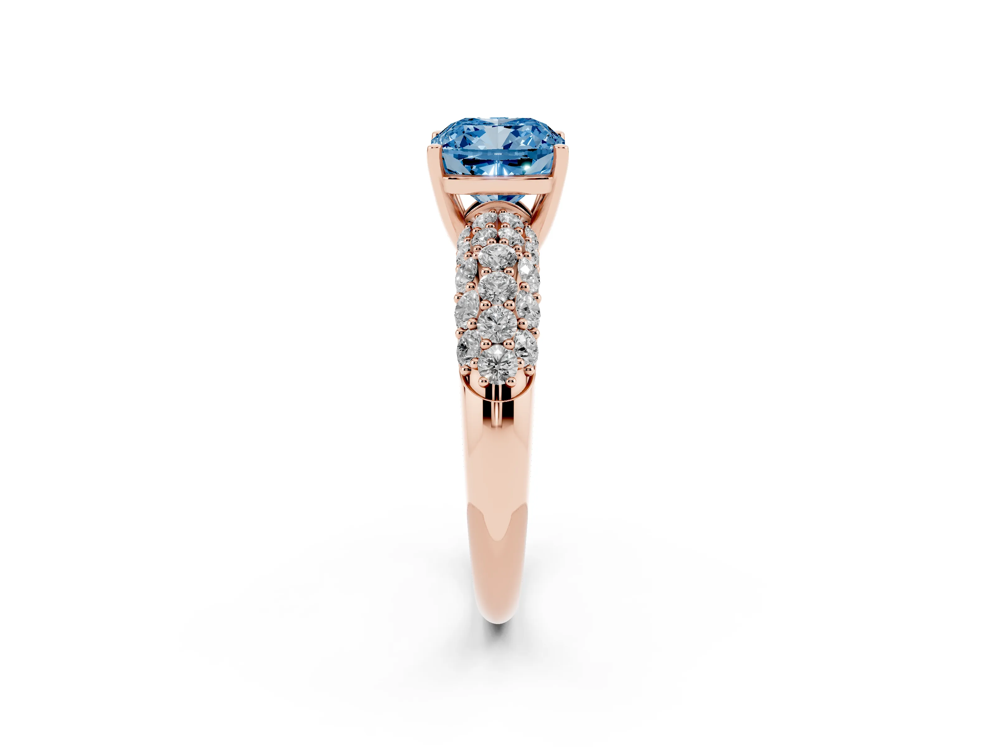 Fancy Blue Cushion Cut Diamond Pavé Band Solitaire Ring Set in Rose gold with Close-Set Accent Stones and Prong Setting