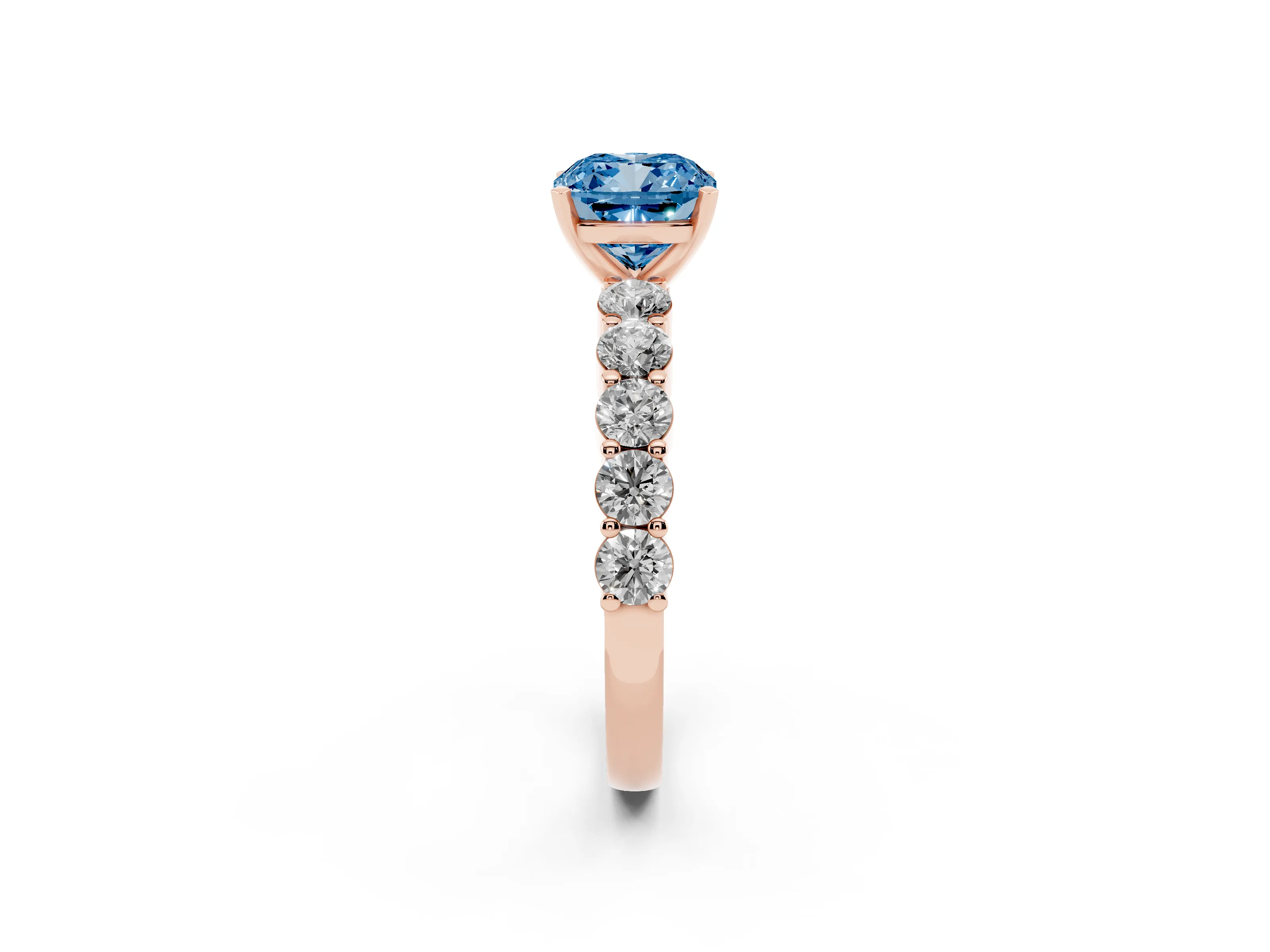 Fancy Blue Cushion Cut Diamond Solitaire Ring Set in Rose gold with Shared Prong Round Side Stones