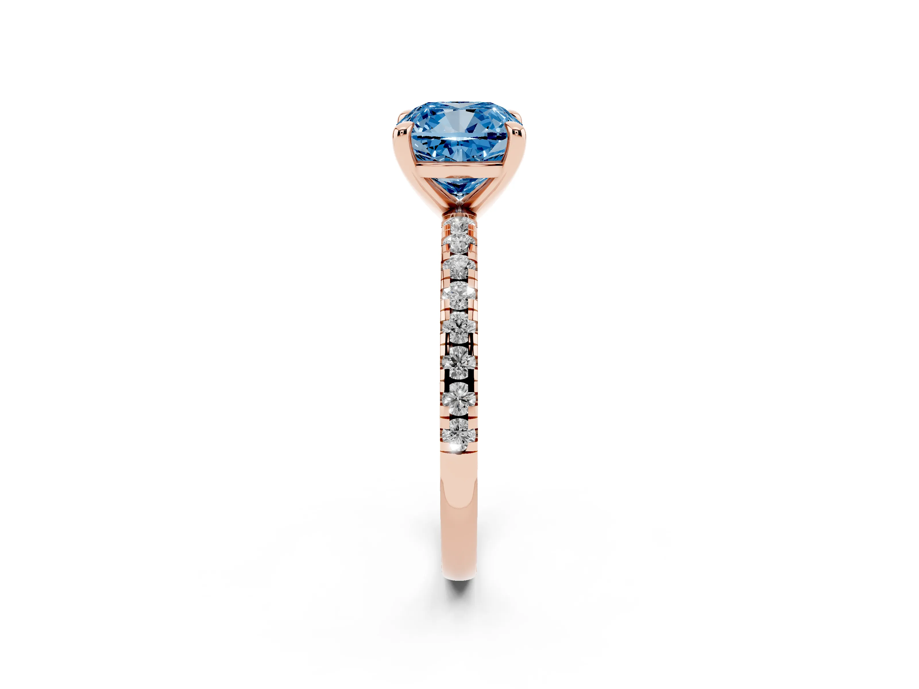 Fancy Blue Cushion Cut Diamond Brilliant Solitaire Ring Set in Rose gold with Pavé Band and Prong Setting