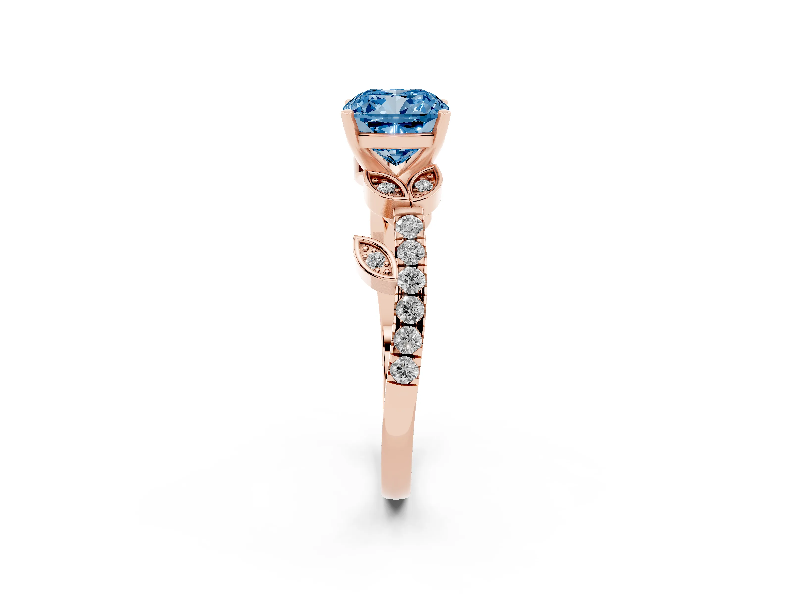 Fancy Blue Cushion Cut Diamond Solitaire Leaf-Inspired Ring Set in Rose gold with Pavé Band and Prong Setting