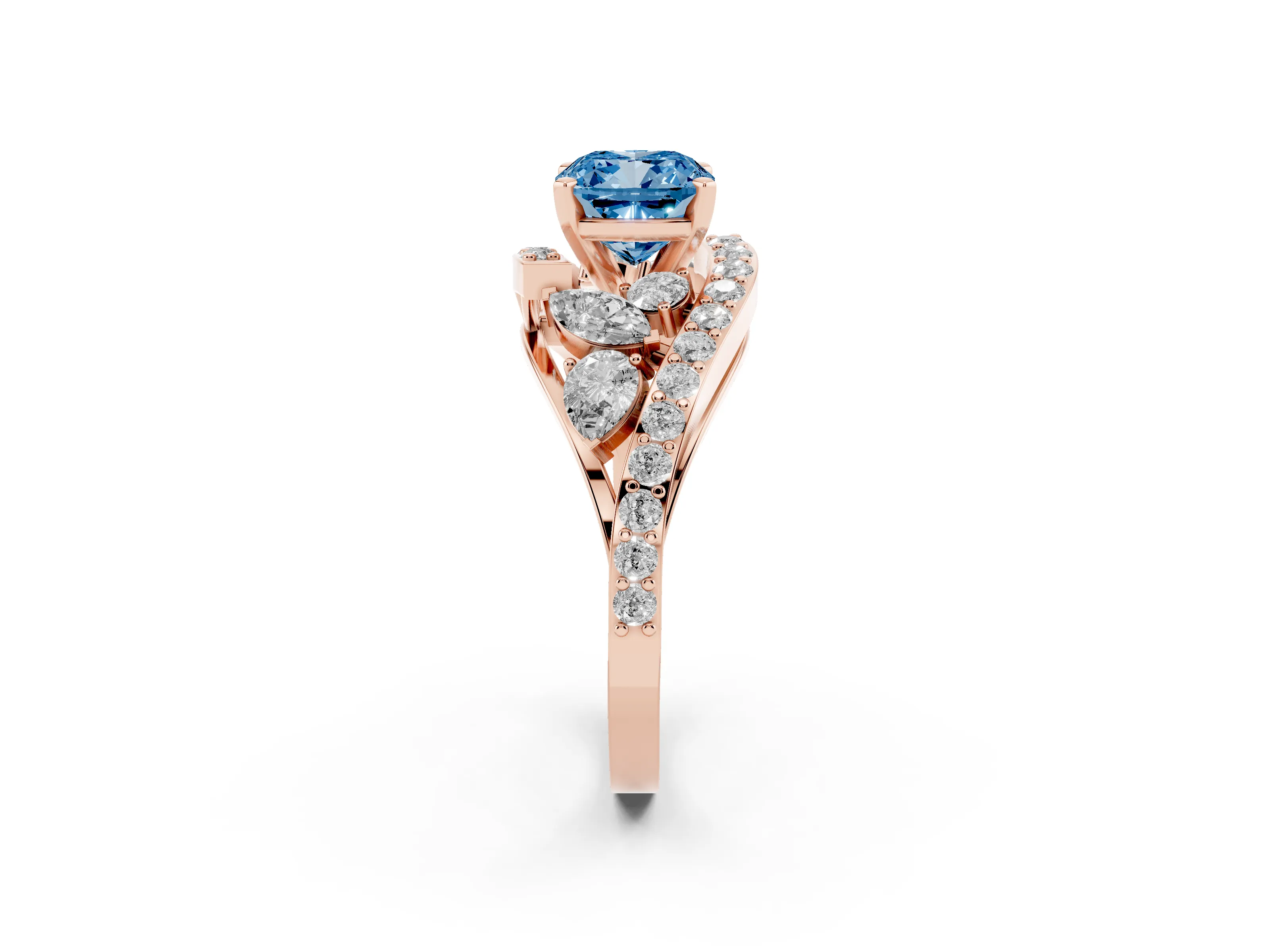 Fancy Blue Cushion Cut Diamond Halo Ring Set in Rose gold with Marquise and Pavé Band in Prong Setting