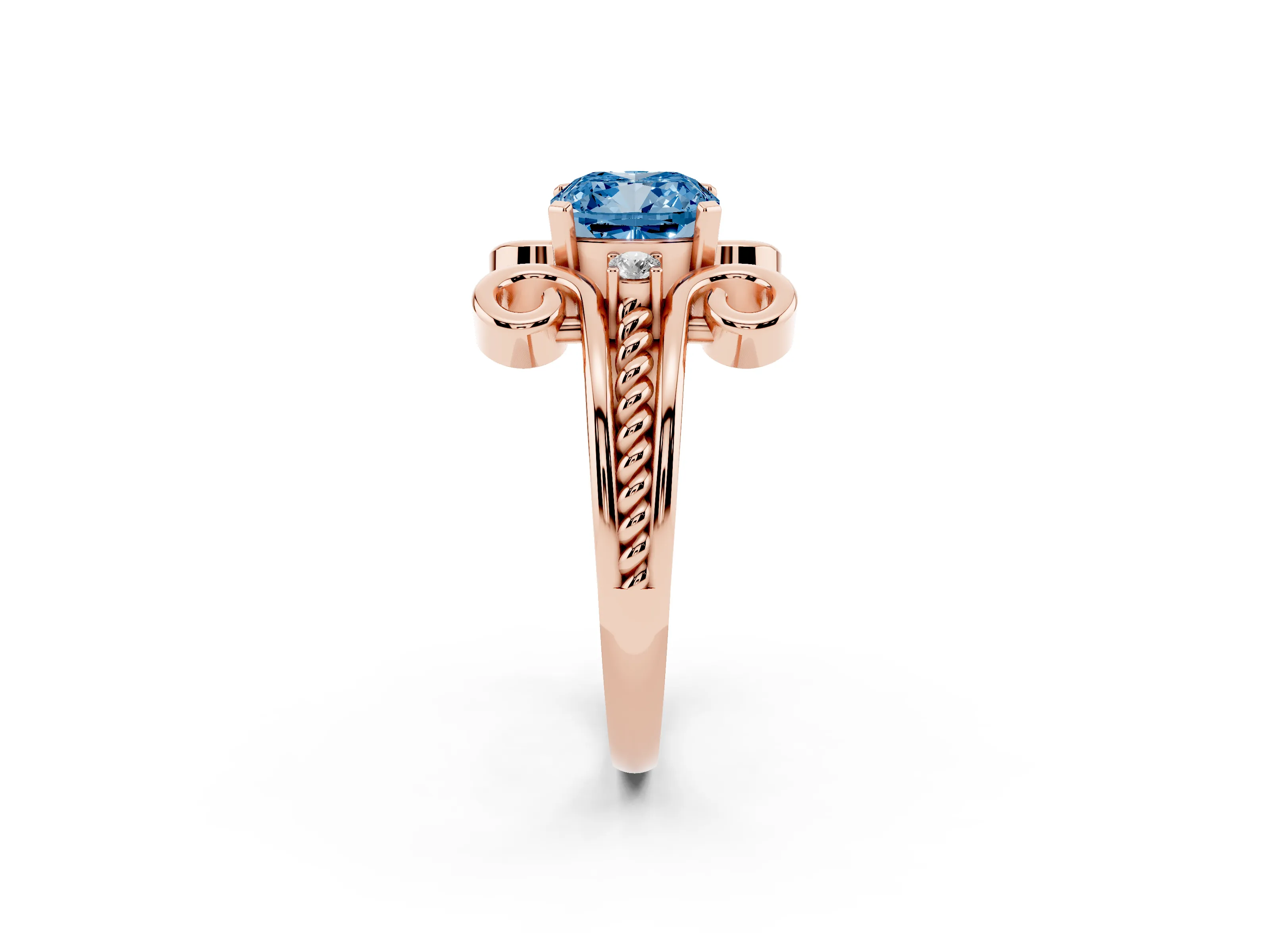 Fancy Blue Cushion Cut Diamond Twisted Band Solitaire Ring Set in Rose gold with Scroll Prongs