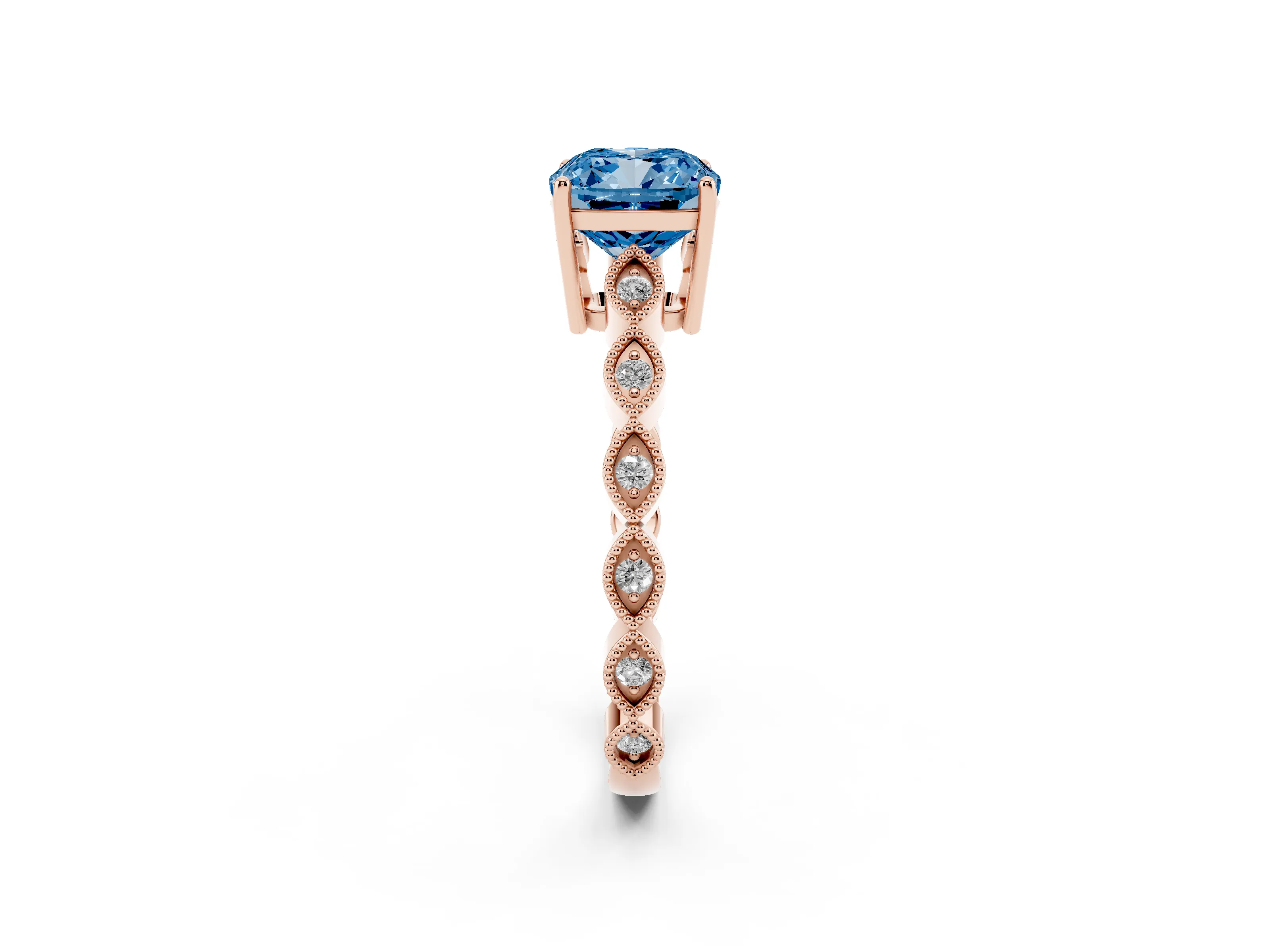 Fancy Blue Cushion Cut Diamond Solitaire Ring Set in Rose gold with Infinity Twist Pavé Band