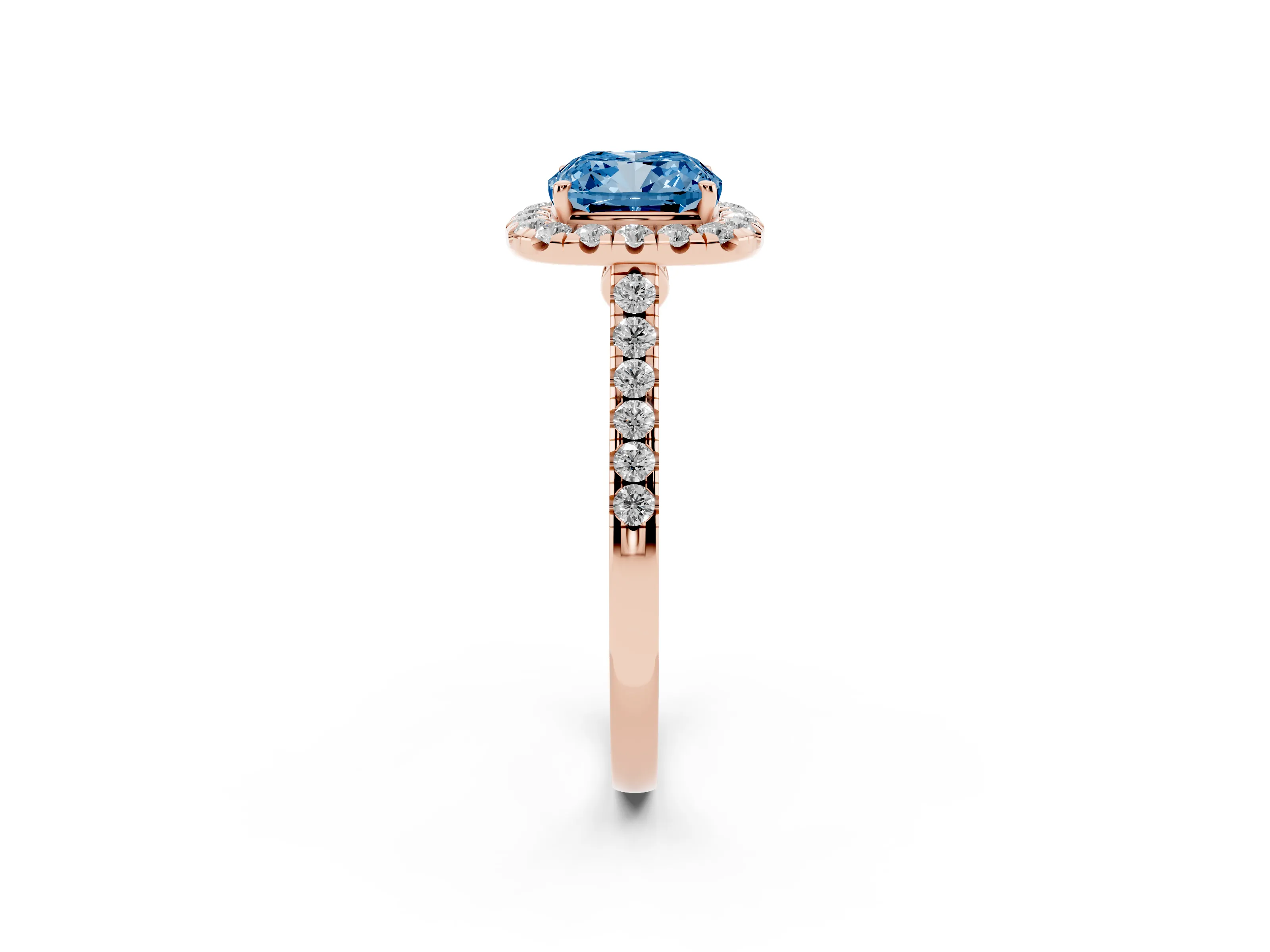 Fancy Blue Cushion Cut Diamond Halo Pavé Engagement Ring Set in Rose gold with Prong Setting