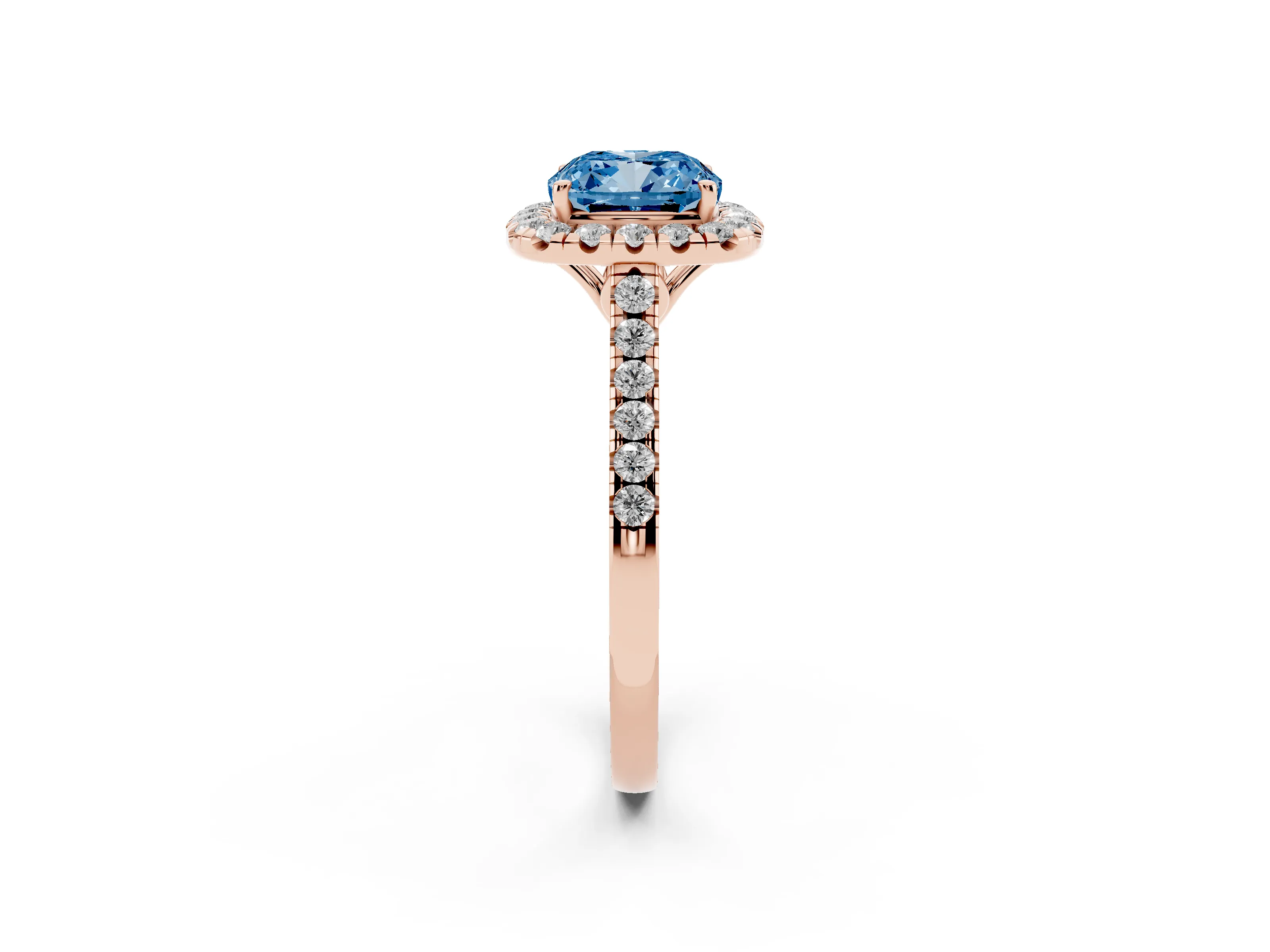 Fancy Blue Cushion Cut Diamond Pavé Halo Engagement Ring Set in Rose gold with Pavé Band and Prong Setting