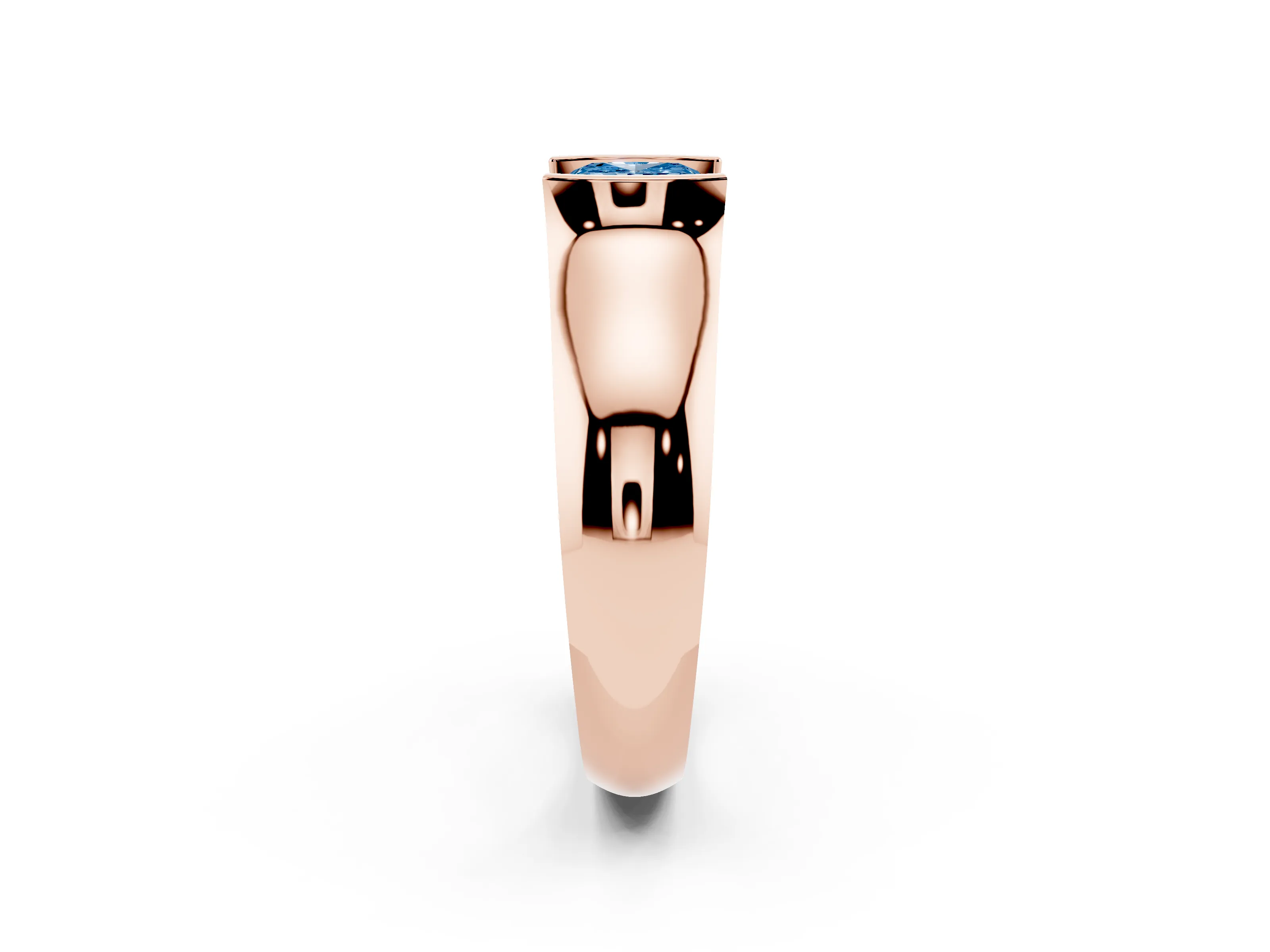 Fancy Blue Cushion Cut Diamond Bezel Solitaire Ring Set in Rose gold with Wide Band