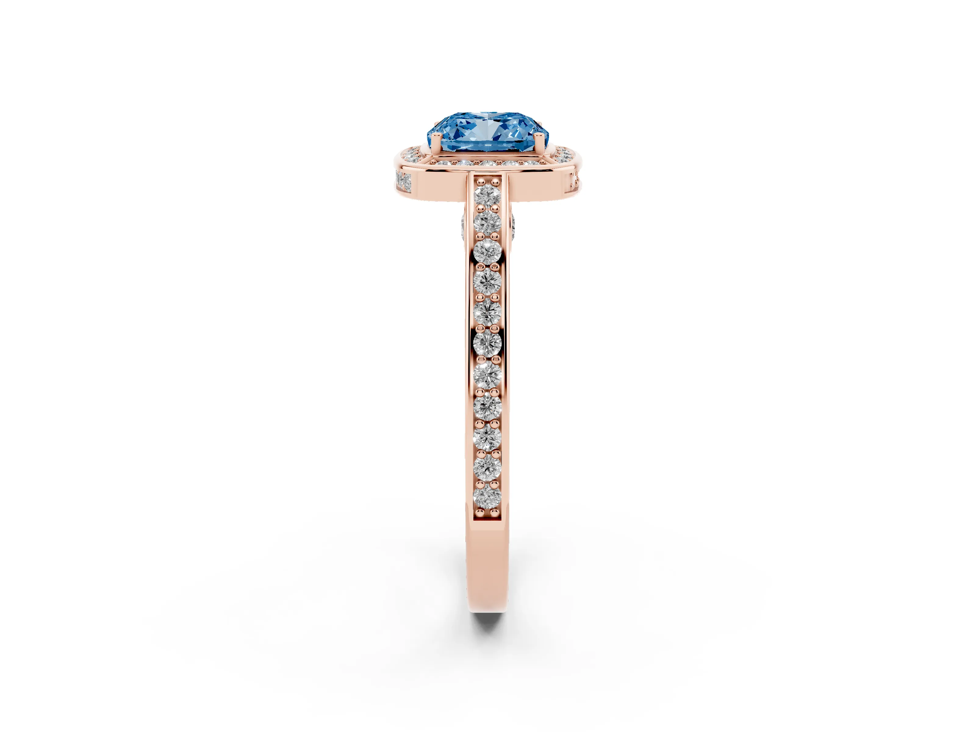Fancy Blue Cushion Cut Diamond Halo Pavé Split Shank Ring Set in Rose gold with Prong Setting
