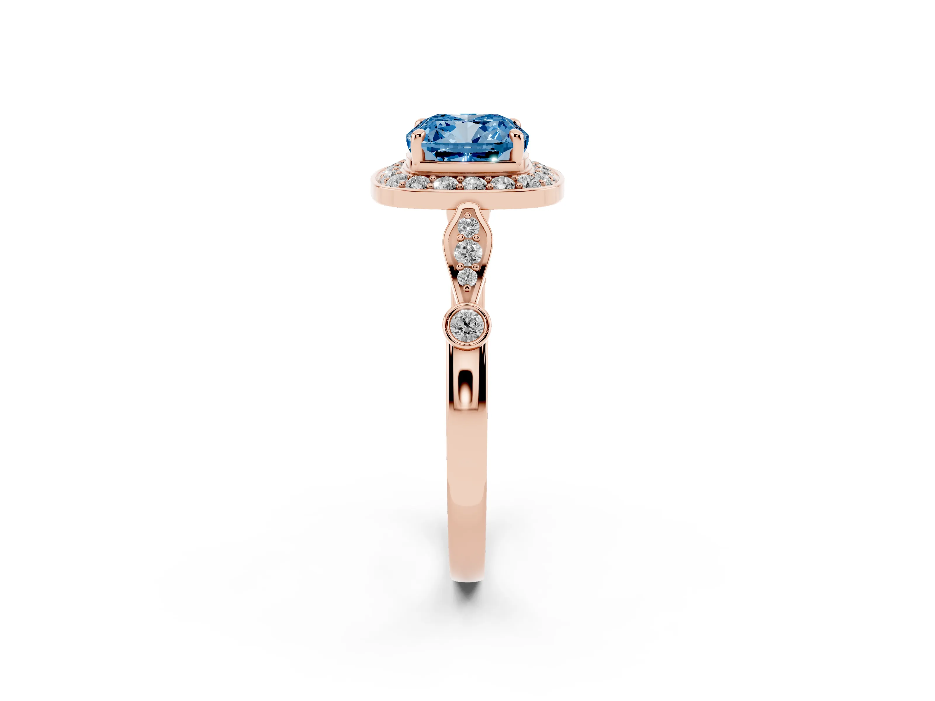 Fancy Blue Cushion Cut Diamond Halo Engagement Ring Set in Rose gold with Twisted Band and Prong Setting