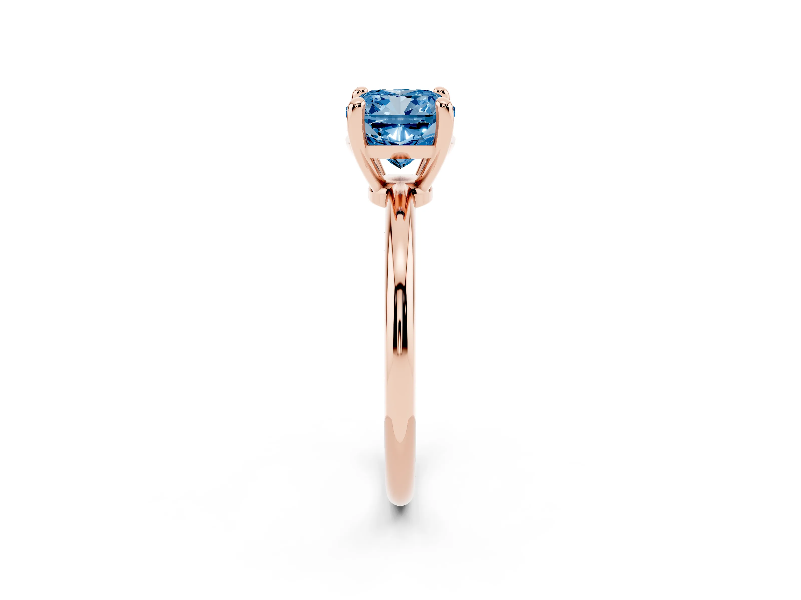 Fancy Blue Cushion Cut Diamond Solitaire Ring Set in Rose gold with Secure Prong Setting on a Classic Band