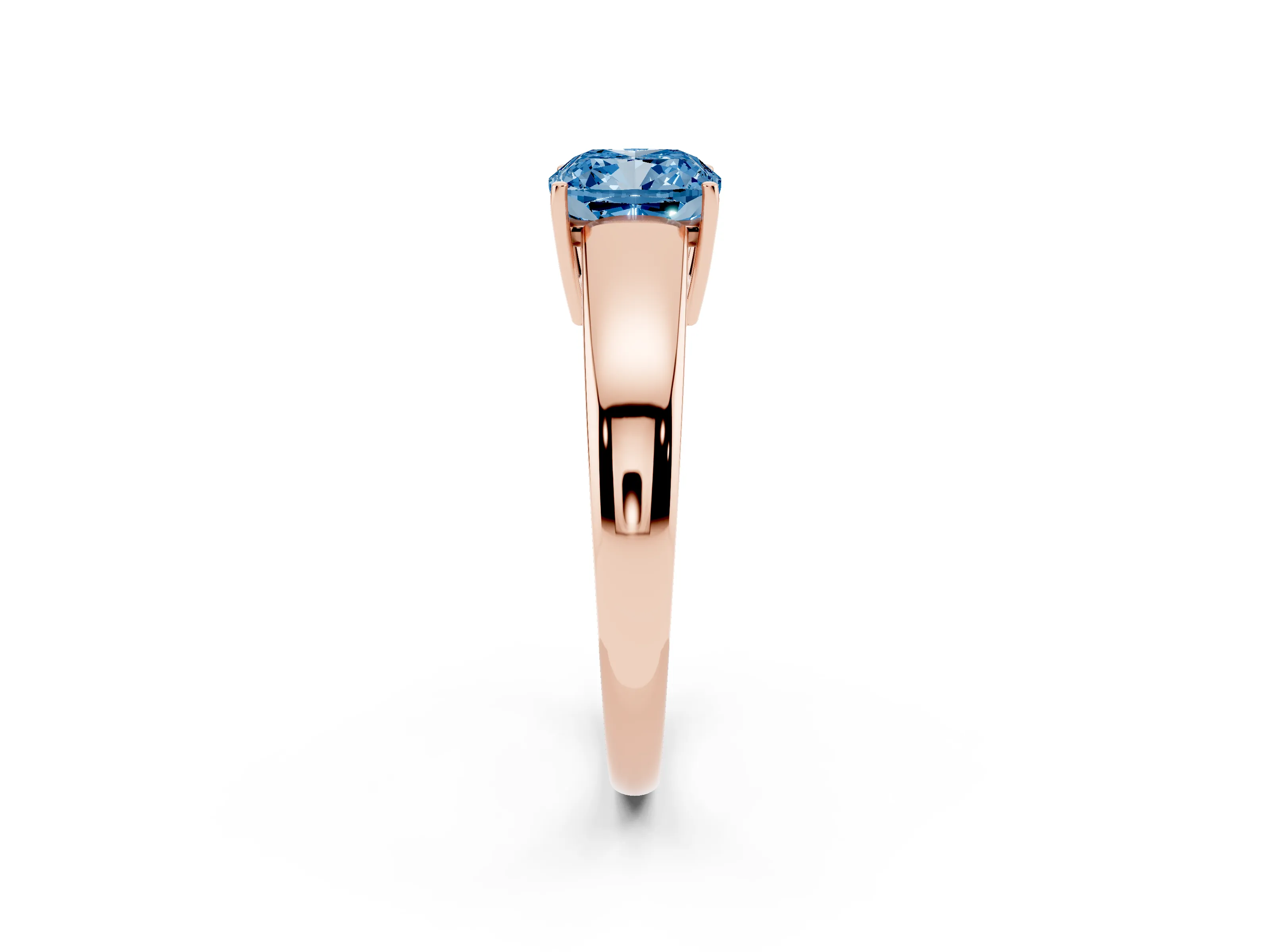 Fancy Blue Cushion Cut Diamond Solitaire Ring Set in Rose gold with Tapered Band and Prong Setting