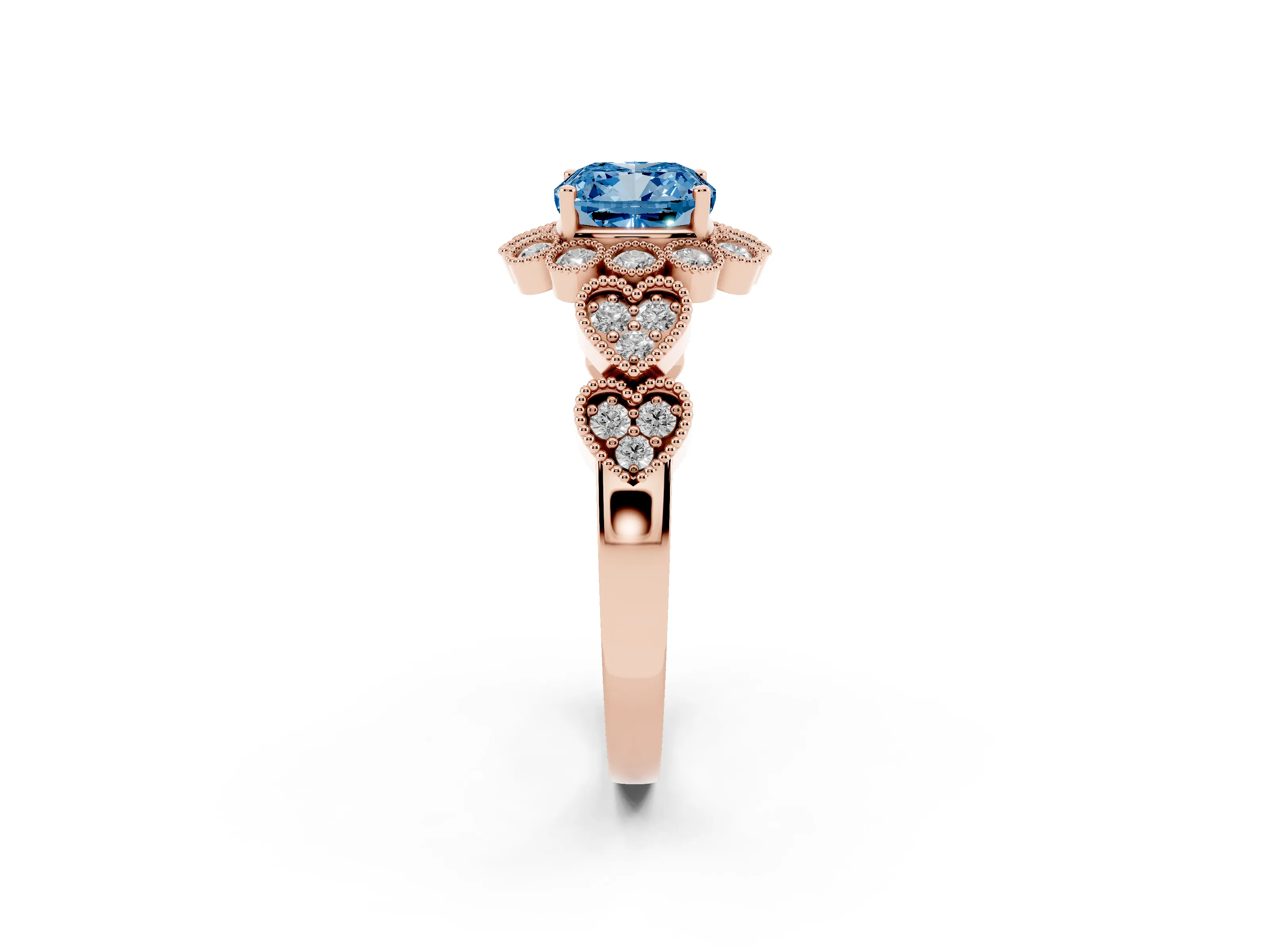 Fancy Blue Cushion Cut Diamond Solitaire Ring Set in Rose gold with Milgrain Pavé Heart Band
