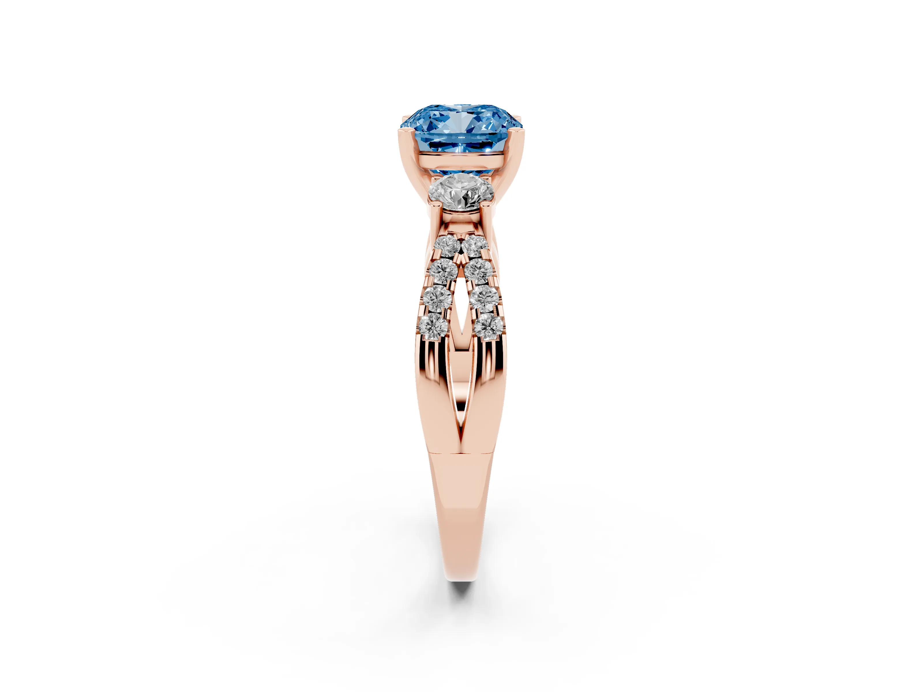 Fancy Blue Cushion Cut Diamond Three-Stone Ring Set in Rose gold with Pavé Split Shank and Prong Setting