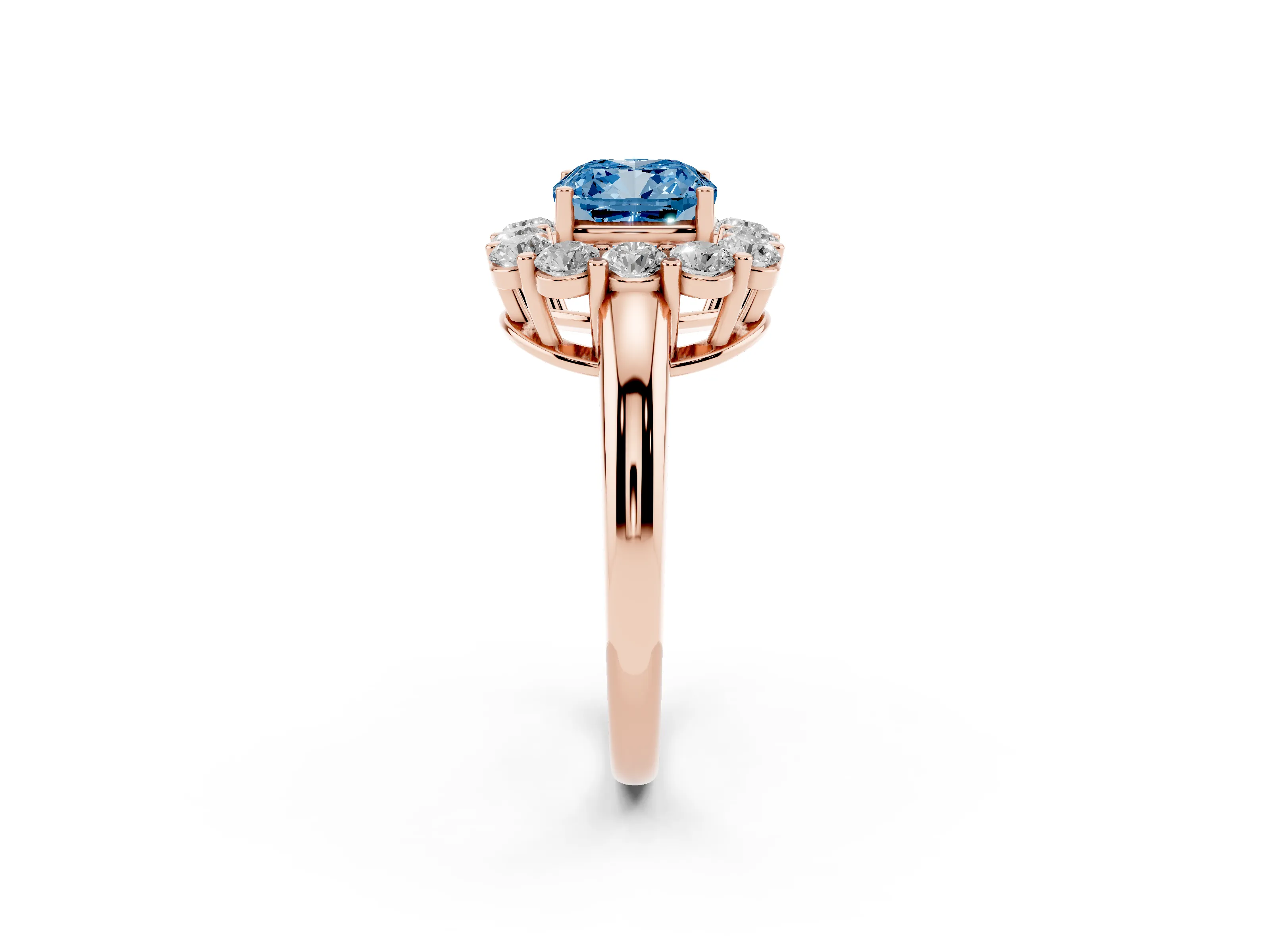 Fancy Blue Cushion Cut Diamond Halo Cluster Engagement Ring Set in Rose gold with Polished Band and Prong Setting