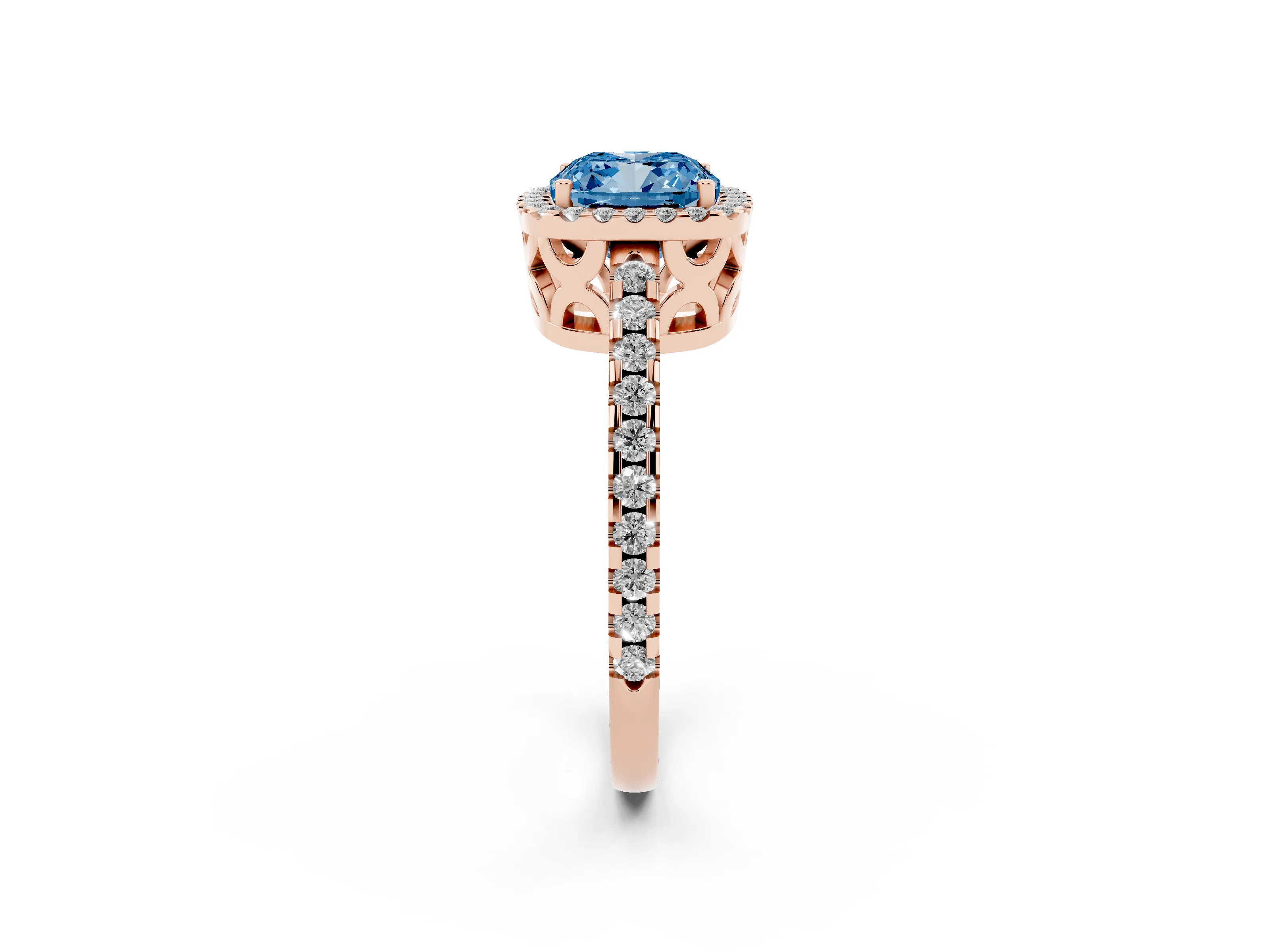Fancy Blue Cushion Cut Diamond Halo Ring Set in Rose gold with Pavé Shoulders and Halo-Framed Center