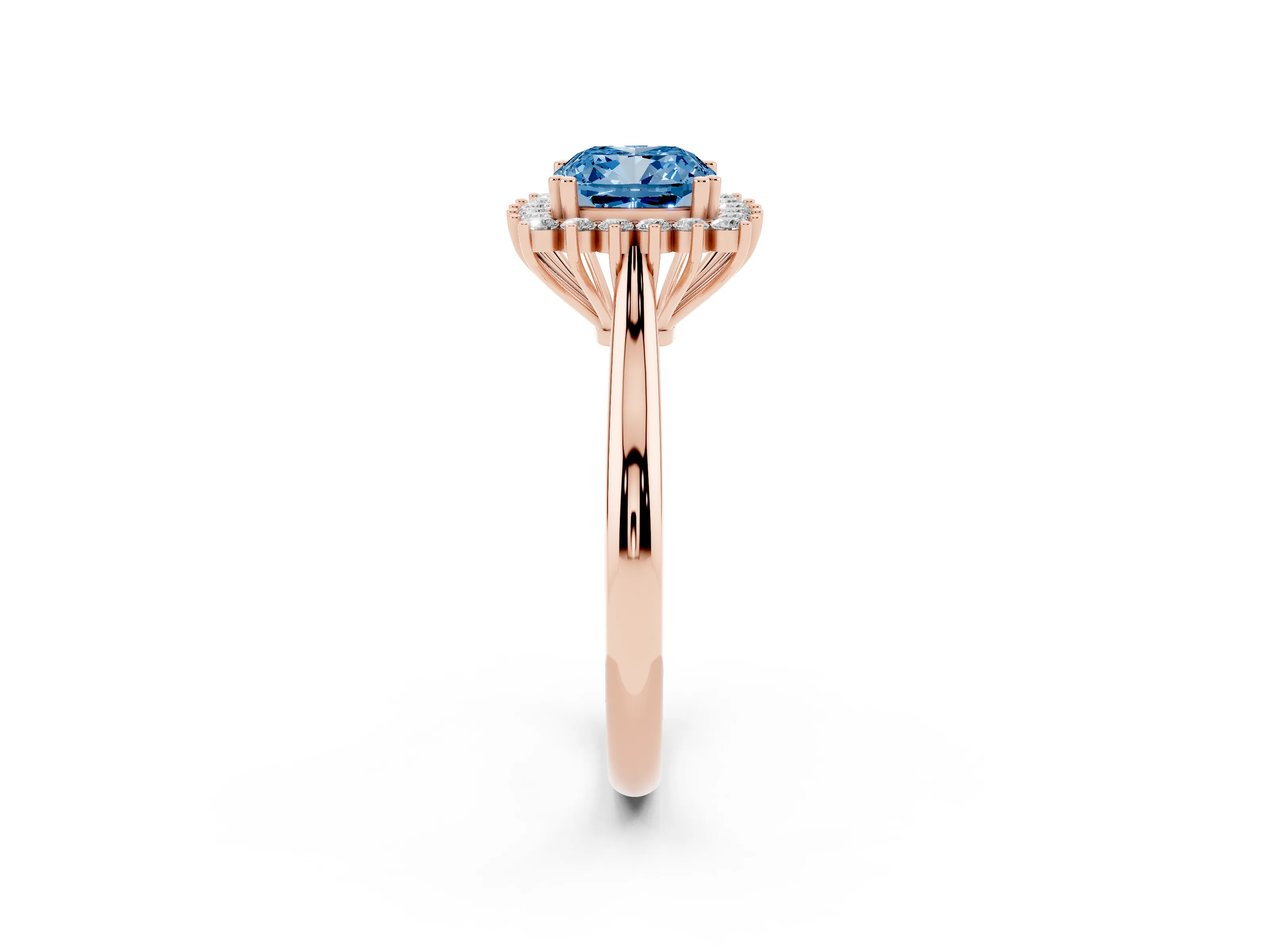 Fancy Blue Cushion Cut Diamond Halo Ring Set in Rose gold with Plain Solitaire Band and Prong Setting