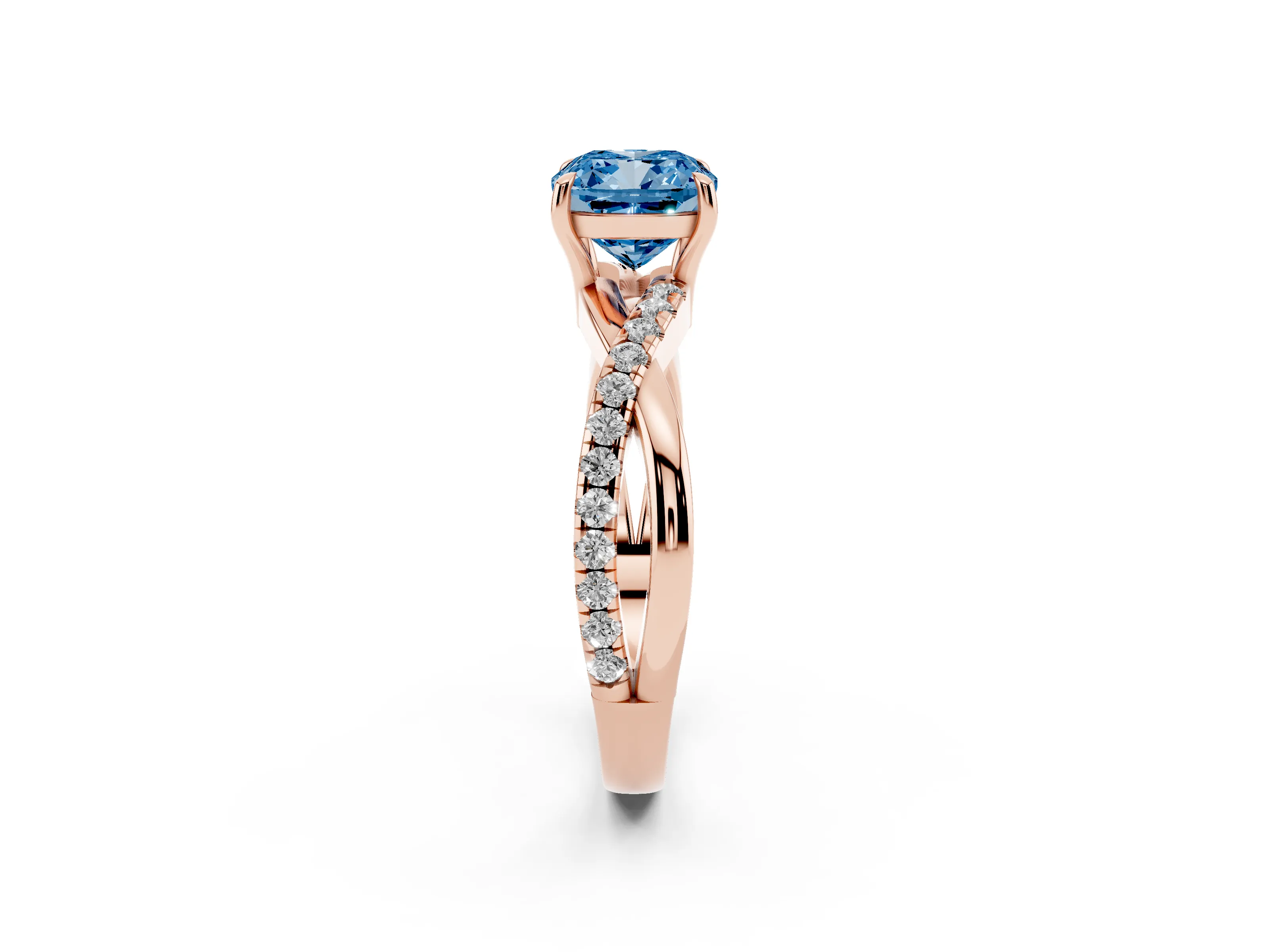 Fancy Blue Cushion Cut Diamond Twisted Pavé Band Ring Set in Rose gold with Prong Setting