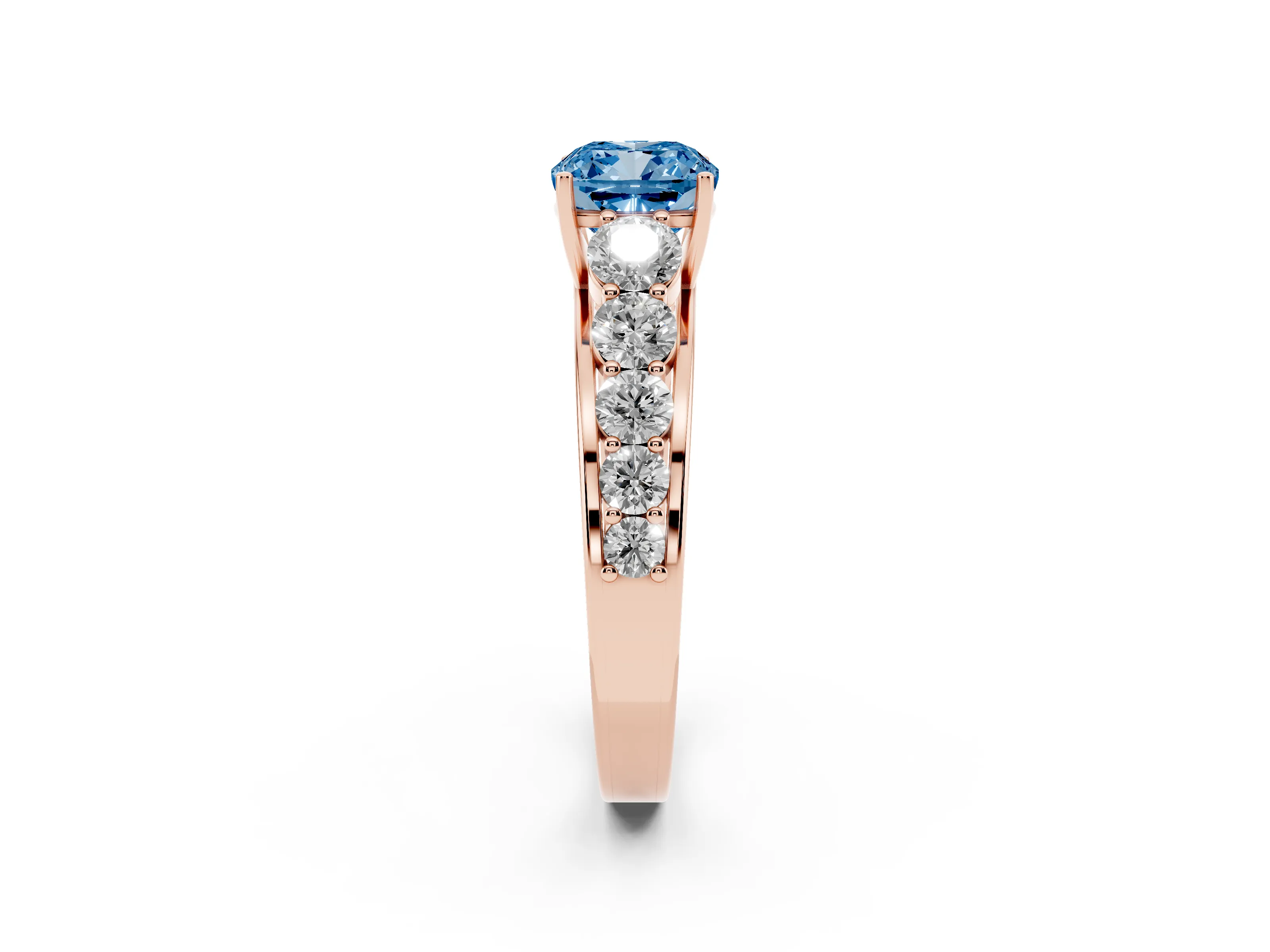 Fancy Blue Cushion Cut Diamond Solitaire Ring Set in Rose gold with Pavé-Set Band and Prong Setting